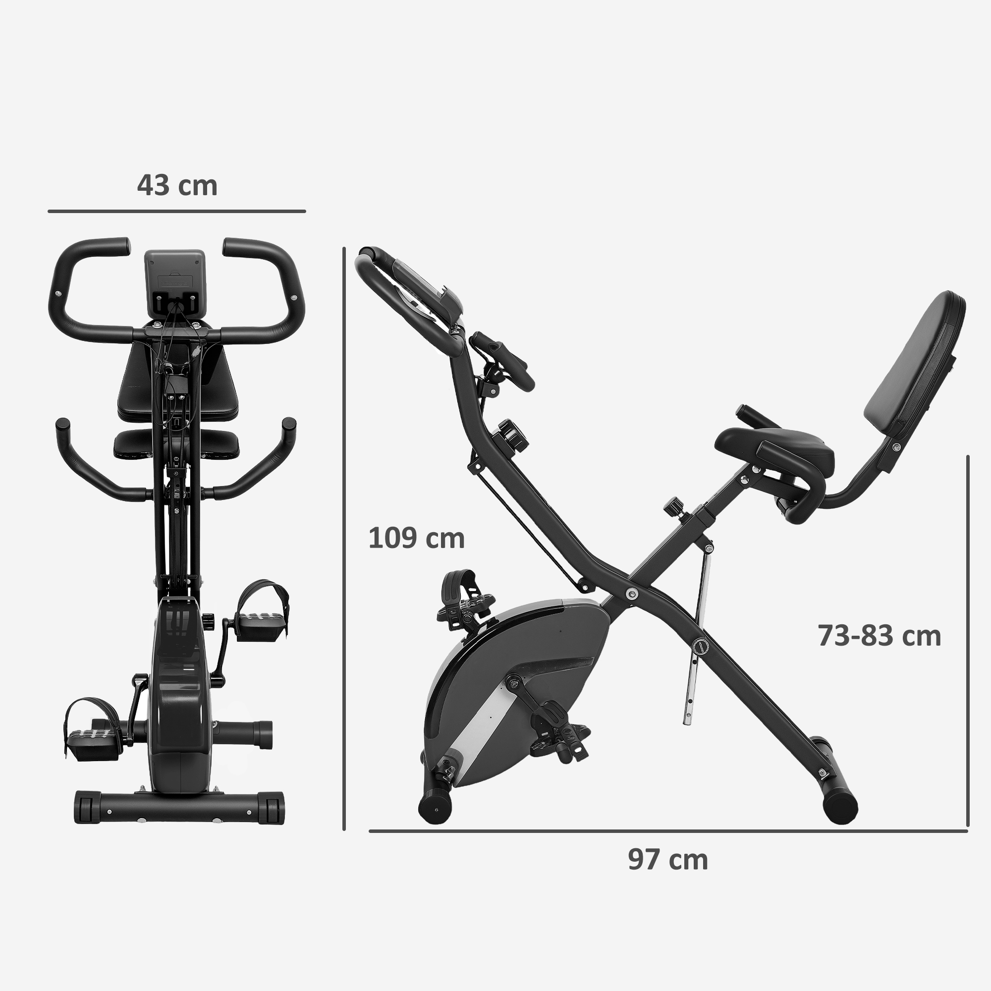 Bicicleta estática plegable negra con asiento y manillar ajustables, dimensiones mostradas.