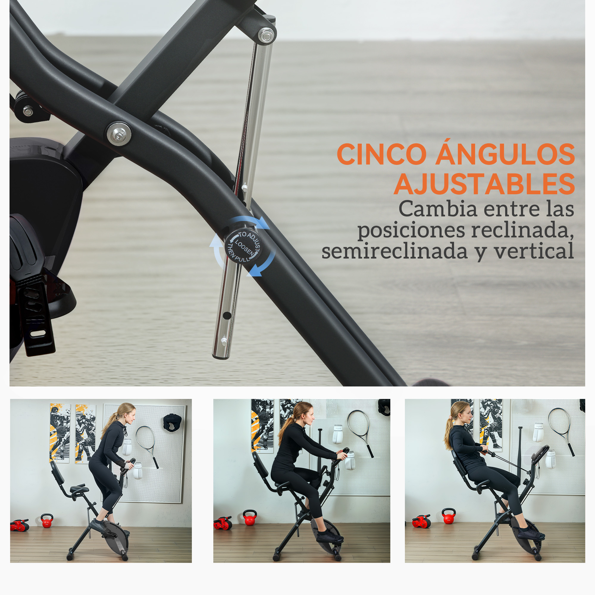 Una bicicleta estática que se muestra en tres posiciones de ángulo ajustables.