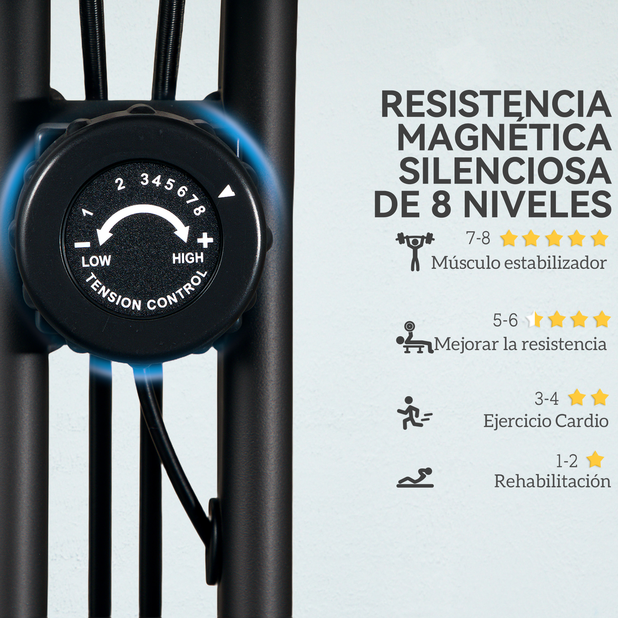 Una perilla negra de control de tensión de 8 niveles para una máquina de ejercicio.