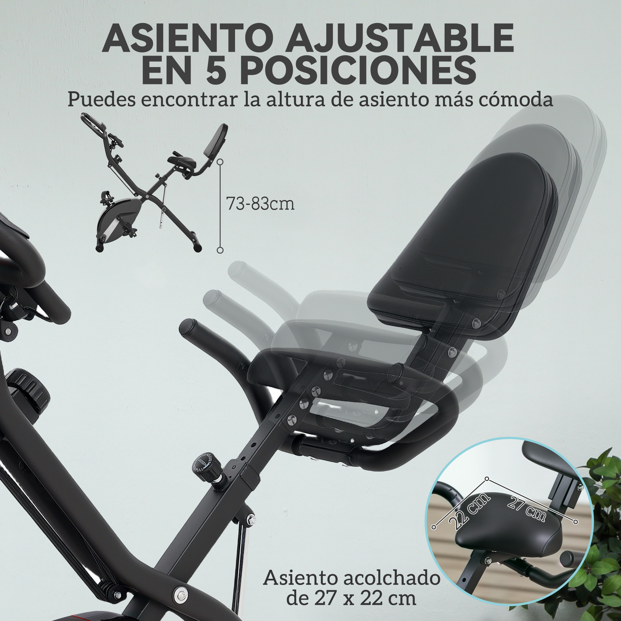 Bicicleta estática negra con asiento ajustable. Altura del asiento 73-83cm. Tamaño asiento 27x22cm.