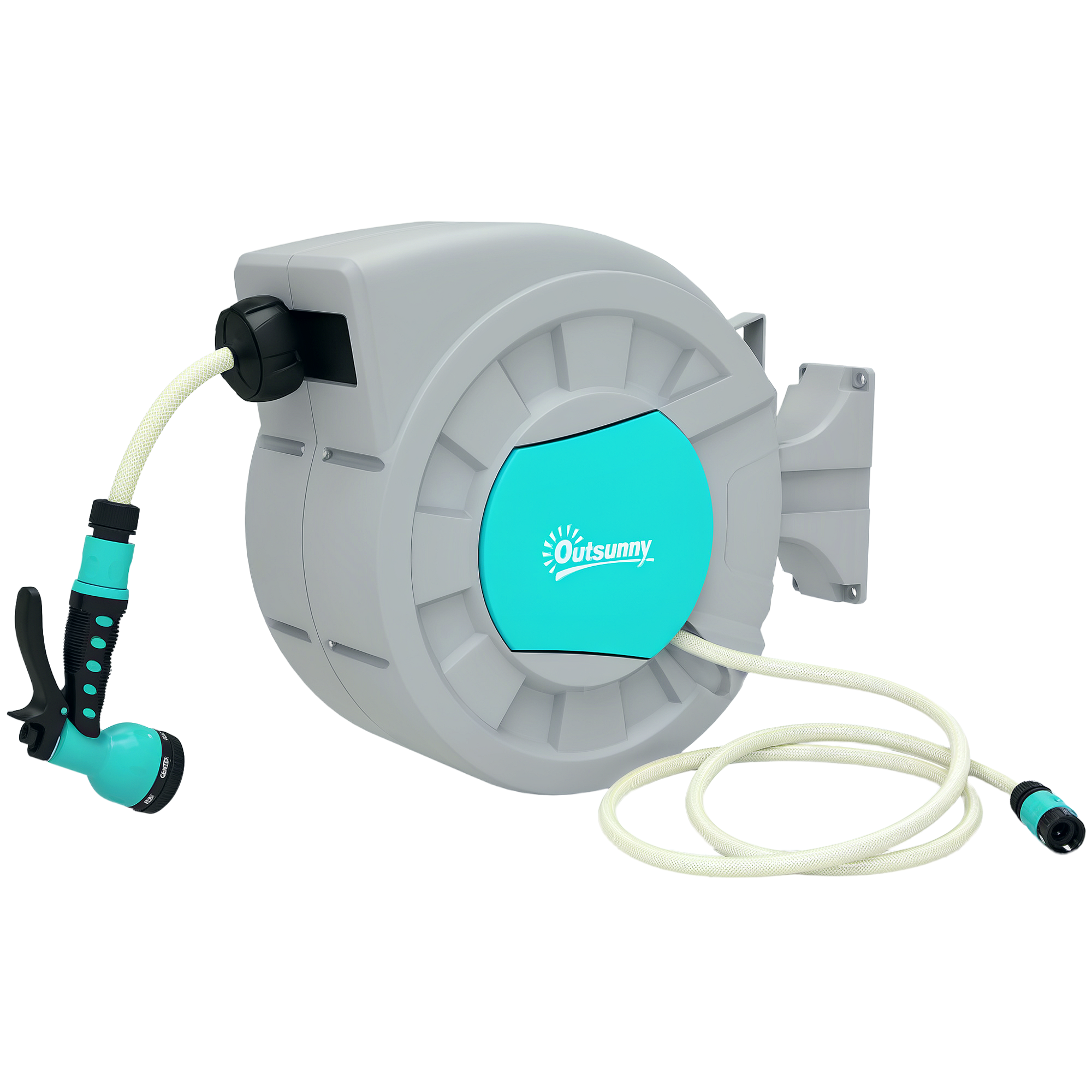 Un avvolgitubo automatico grigio con accento turchese e ugello spray, su sfondo bianco.