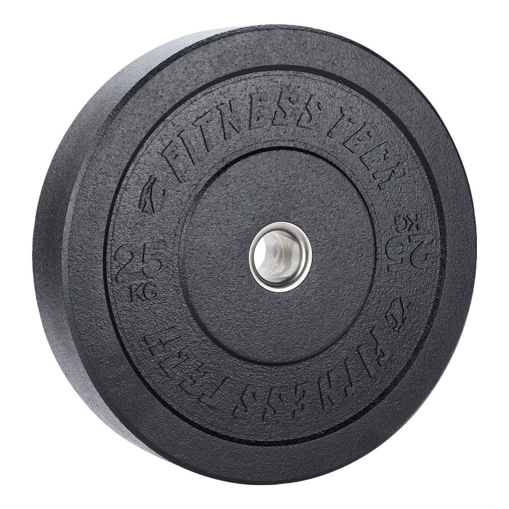 Un disco de pesa negro de 25 kg con centro de metal plateado, texto en relieve.