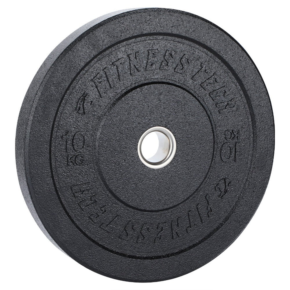 Disco de peso negro de 10 kg con inserto central plateado.