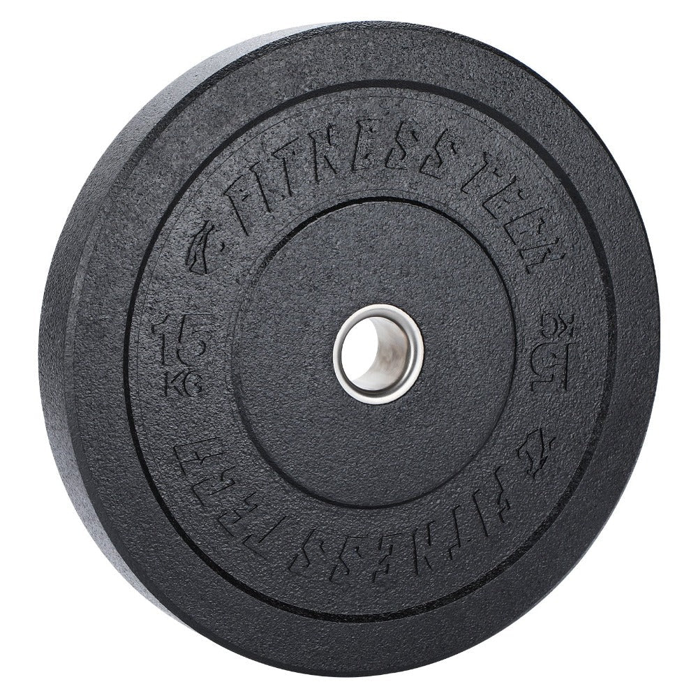 Un disco de pesas negro de 15 kg con centro metálico plateado y texto en relieve.