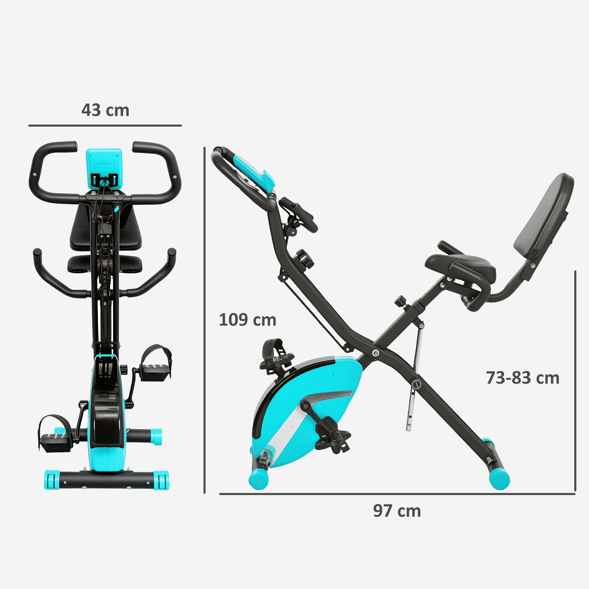 Bicicleta estática plegable azul y negra con dimensiones.