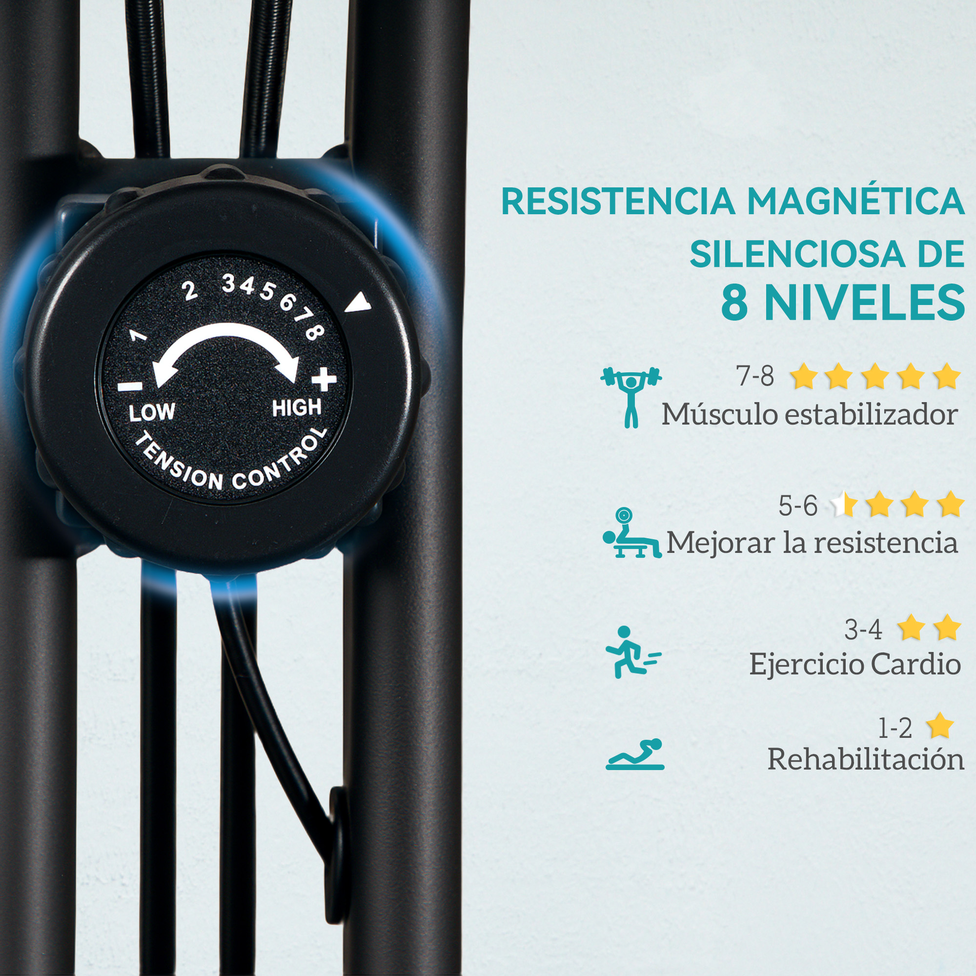 Un dial negro con la etiqueta "Tension Control" y los números 1-8.