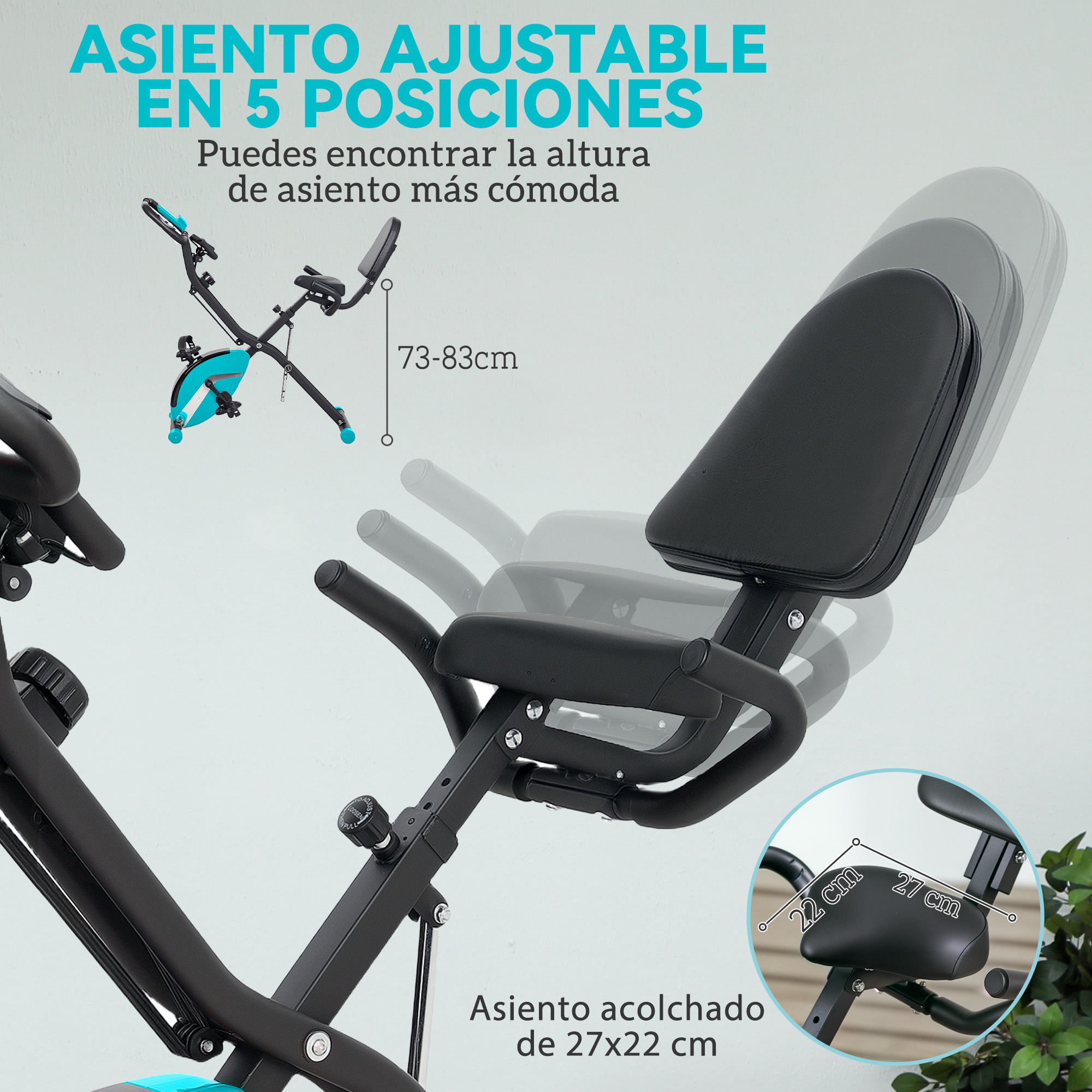 Asiento ajustable en 5 posiciones, altura 73-83cm. Asiento acolchado 27x22 cm.