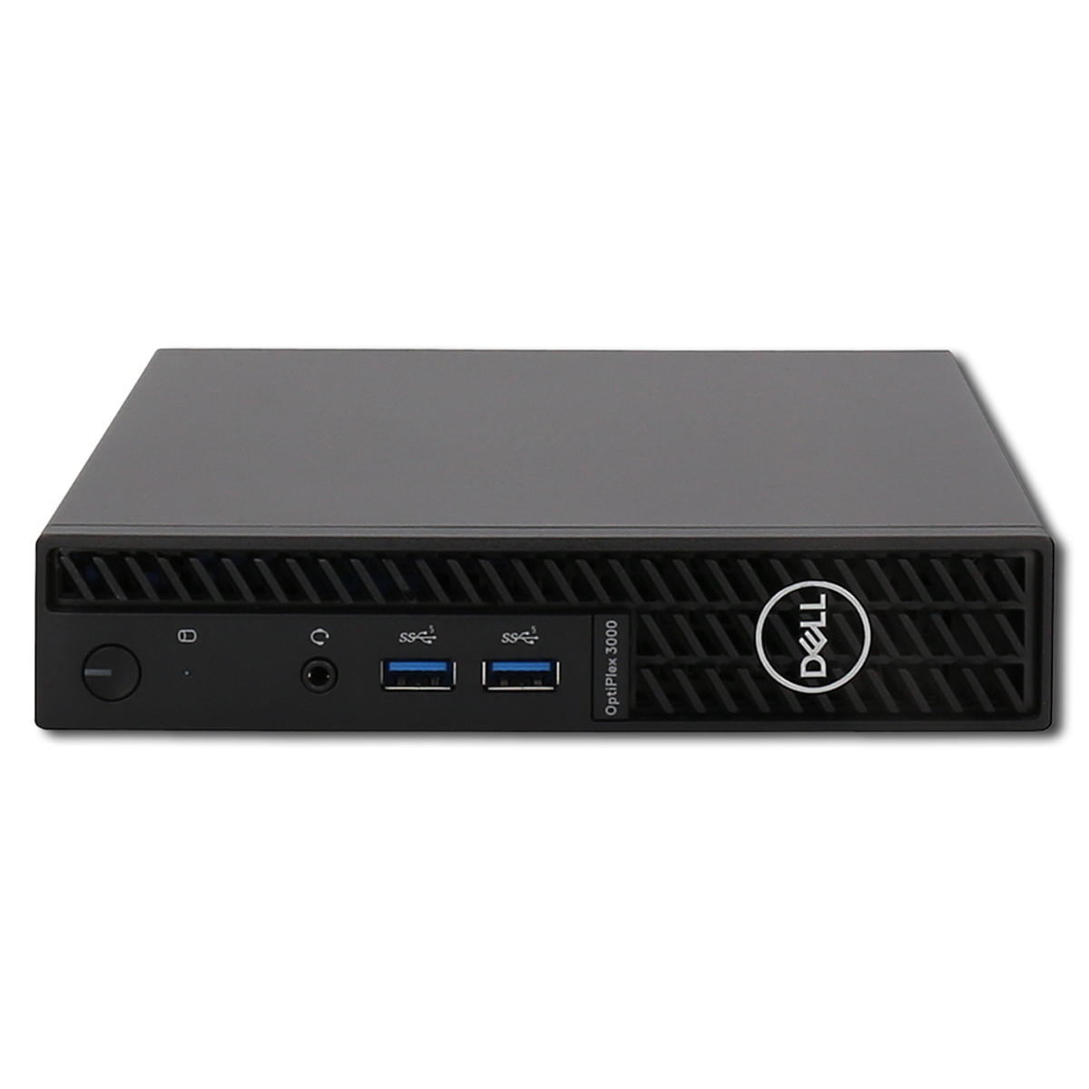 Ein schwarzer Dell OptiPlex 3000 Computer mit USB-Anschlüssen und Dell-Logo vorne.