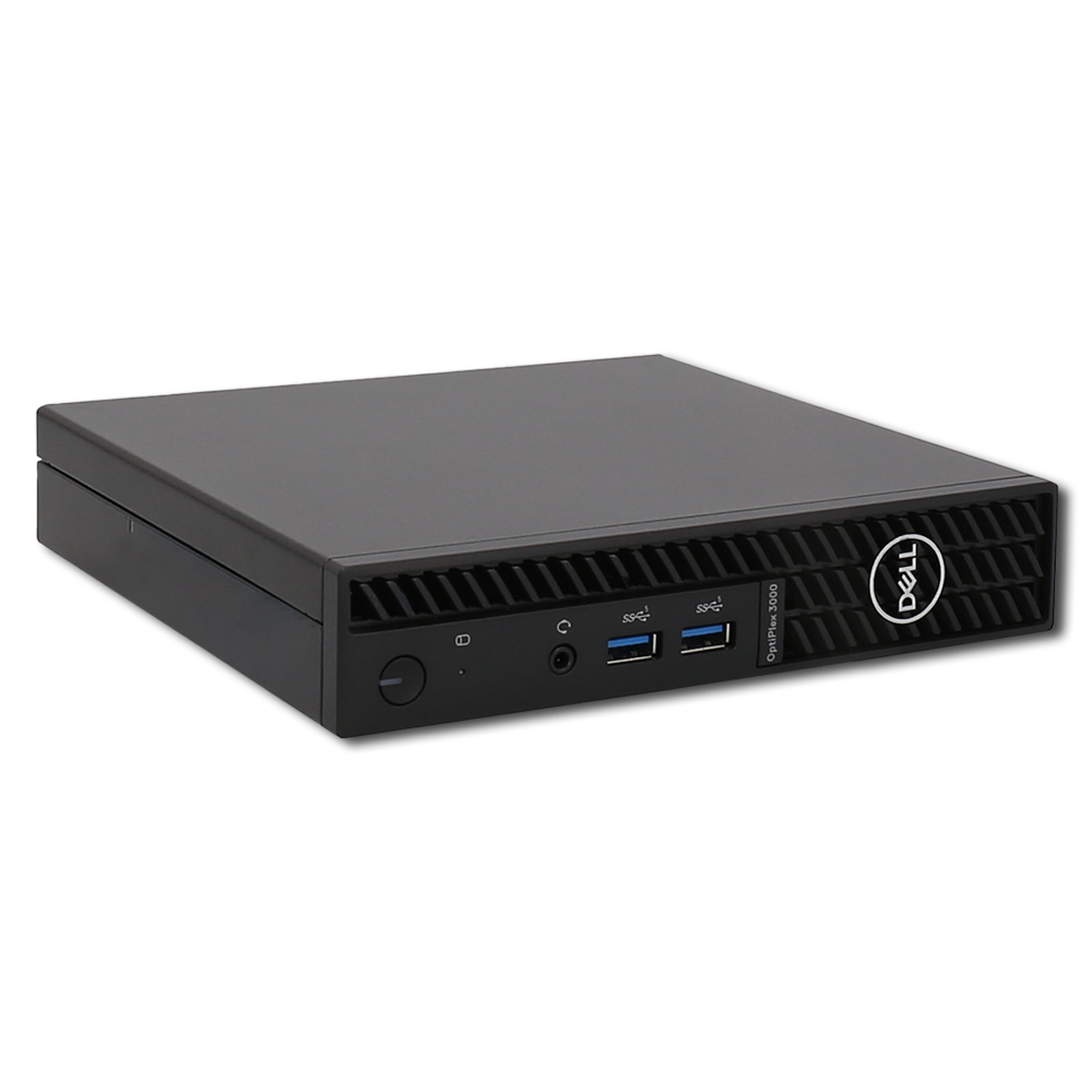 Ein schwarzer Dell OptiPlex 3000 Small Form Factor Desktop-Computer mit USB-Anschlüssen.
