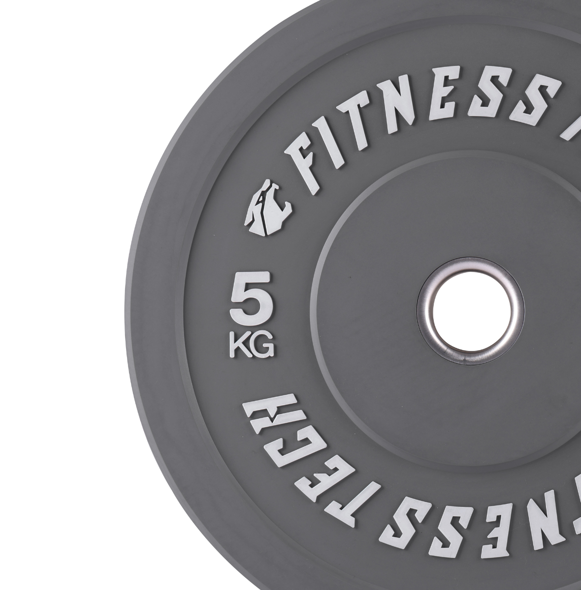 Un disco de pesa gris de 5 kg con logotipo, sobre fondo blanco.