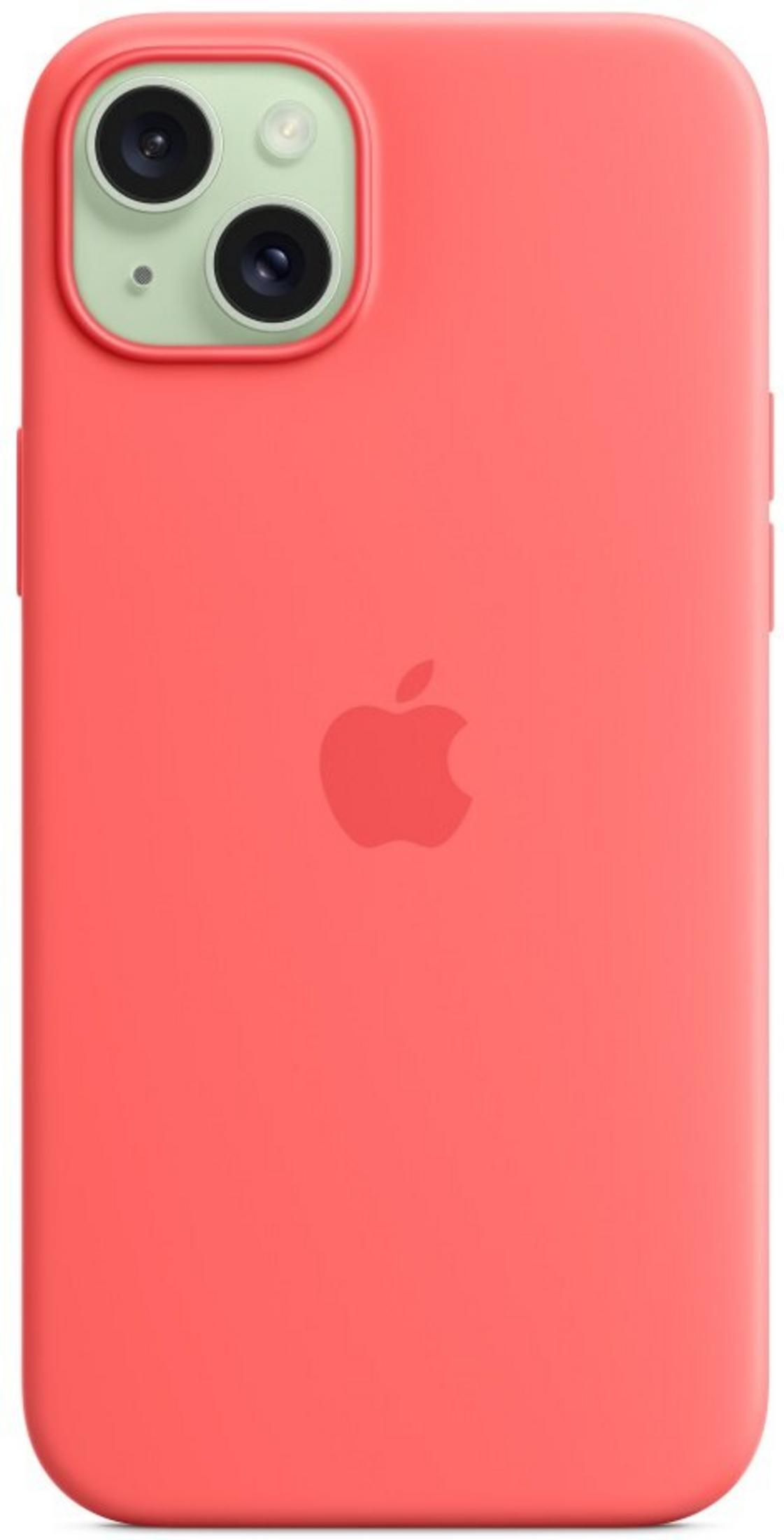 Czerwone etui na iPhone z logo Apple i podwójnym aparatem.