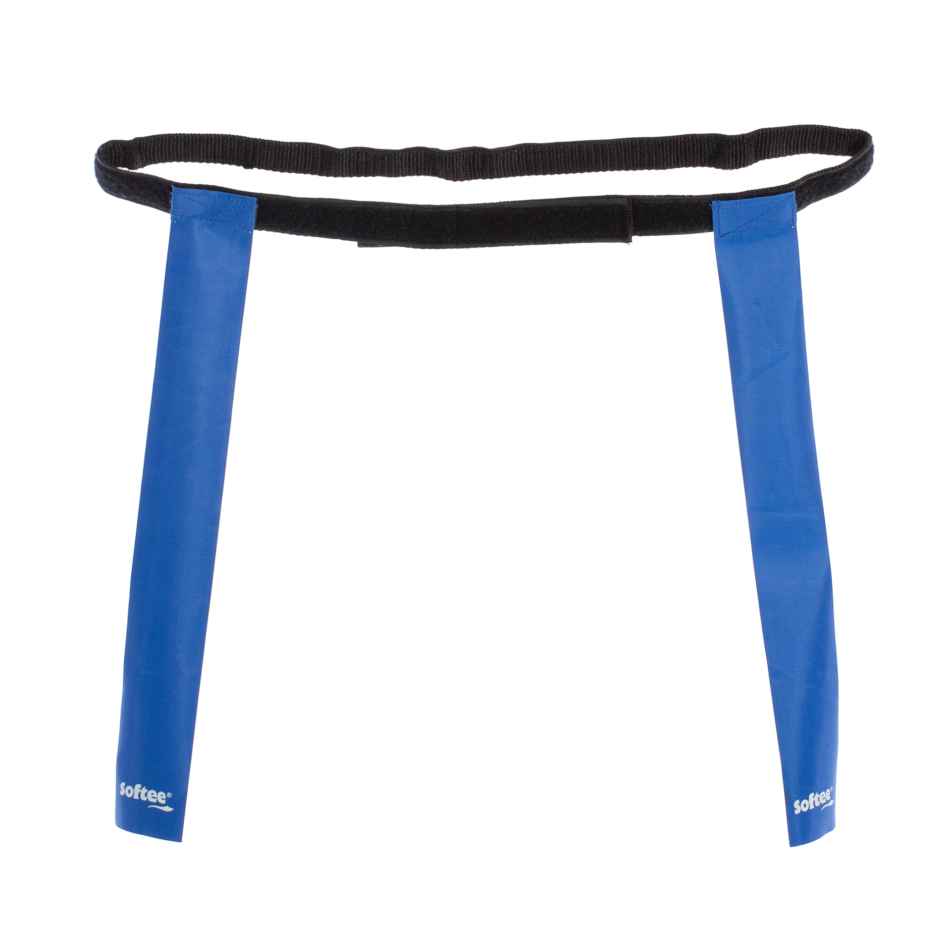 Un cinturón de bandera azul con dos banderas azules y una correa ajustable negra.