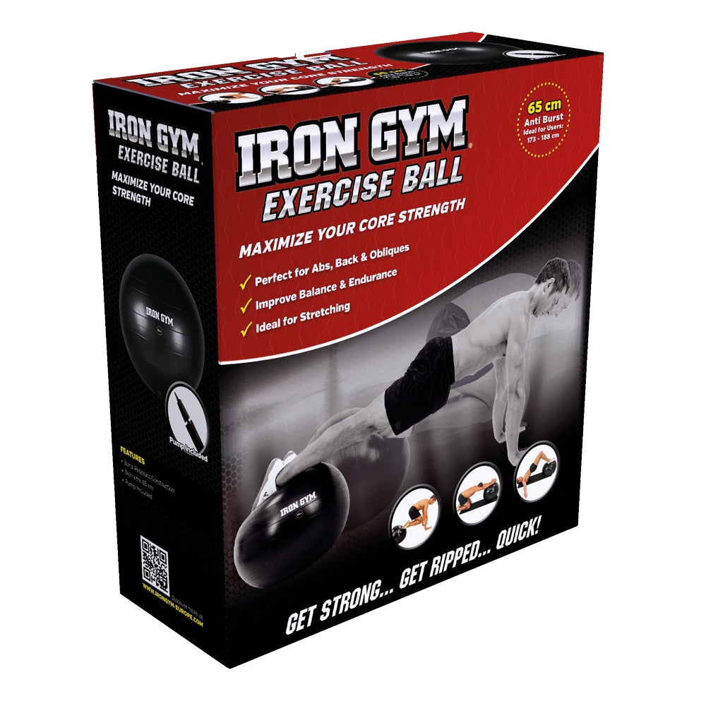 Caja de balón de ejercicio Iron Gym con hombre haciendo plancha sobre balón.