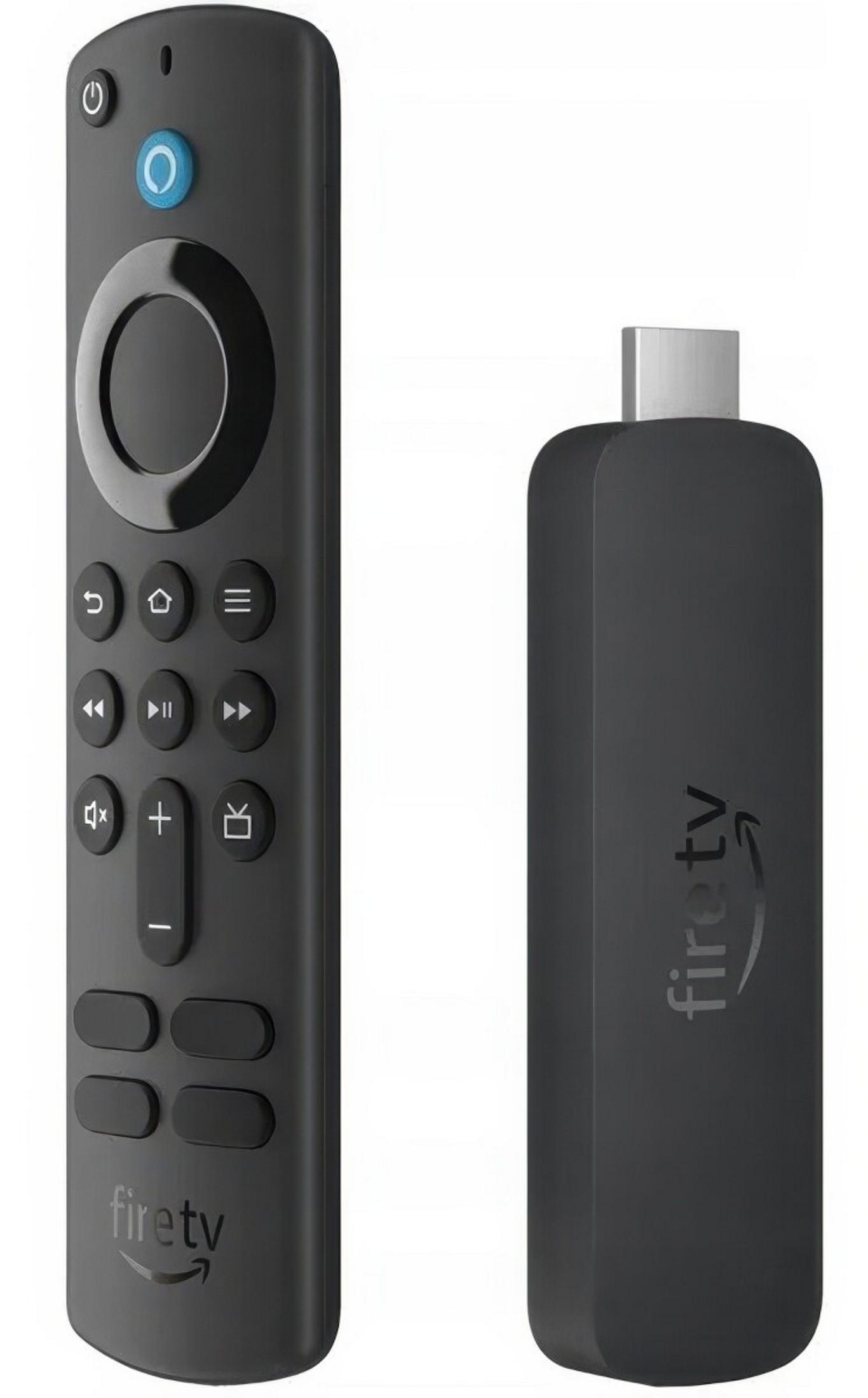 Czarny Amazon Fire TV Stick i pilot z przyciskami i logo.