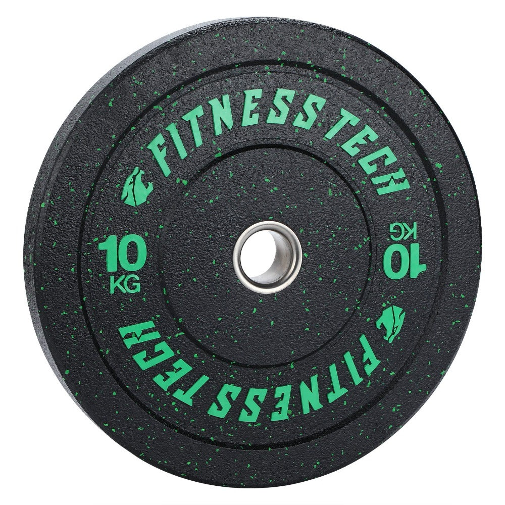 Un disco de pesas negro de 10 kg con motas verdes y texto verde.