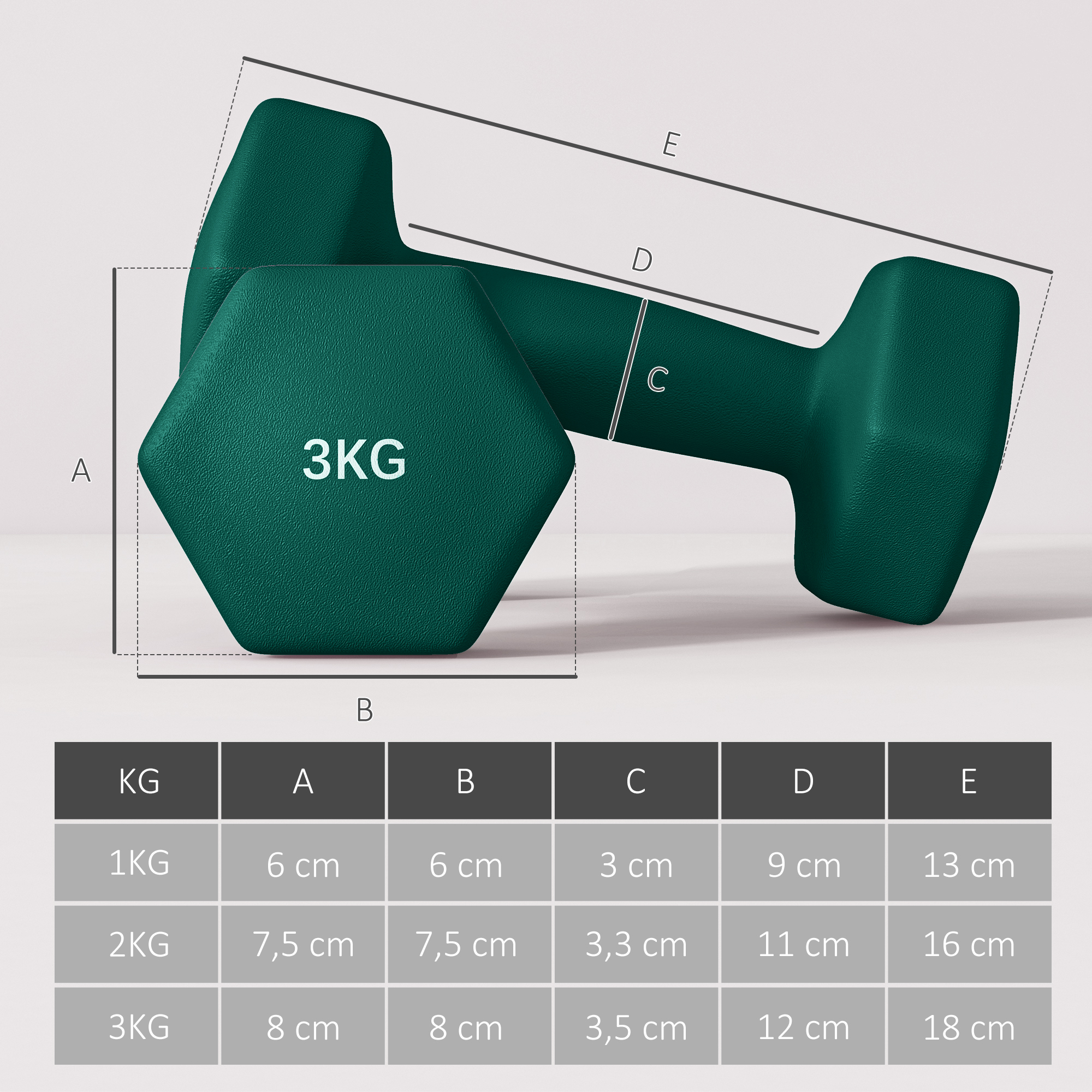 Mancuerna verde de 3 kg con dimensiones A-E y tabla de tallas.