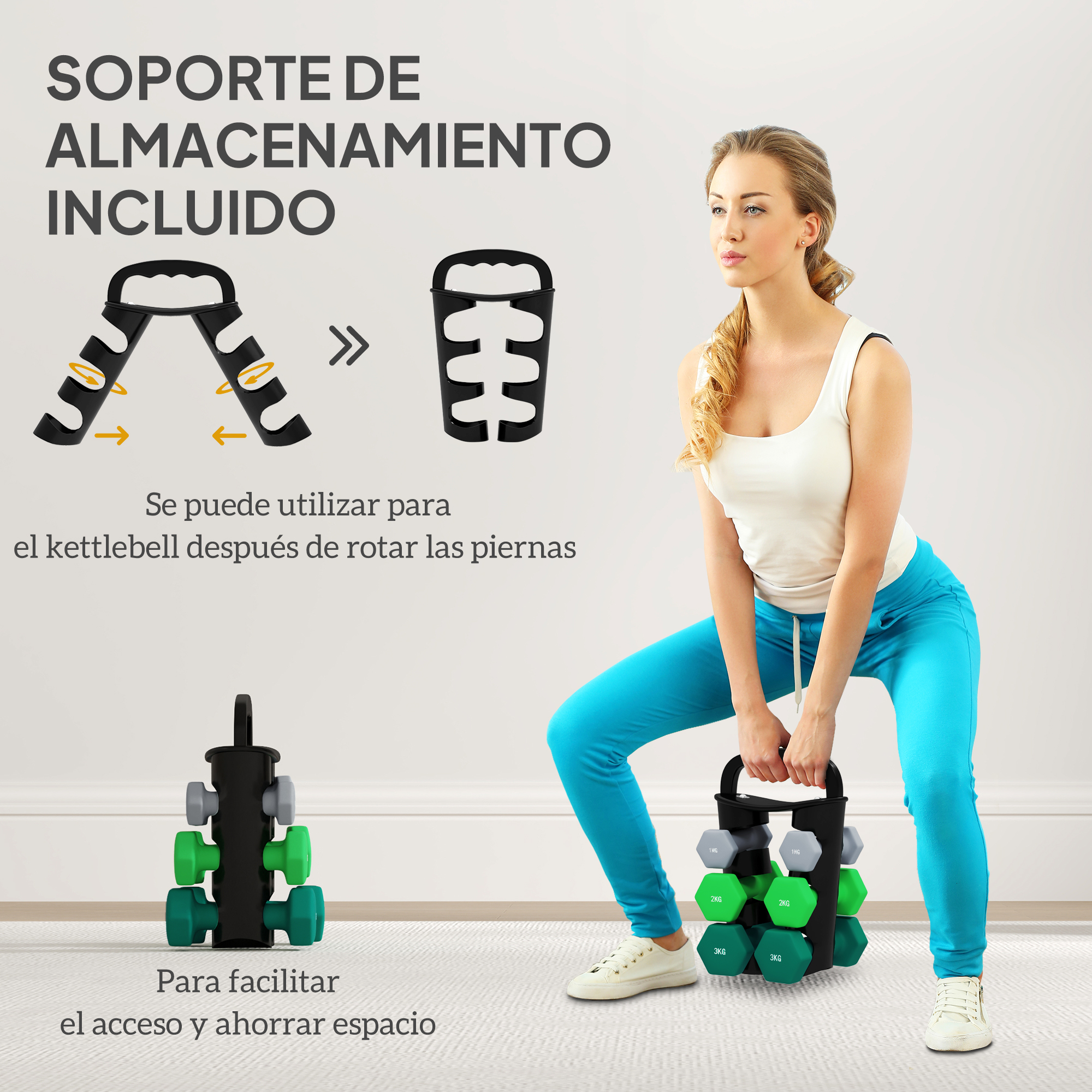 Mujer en cuclillas con mancuernas, soporte con mancuernas verdes y grises.