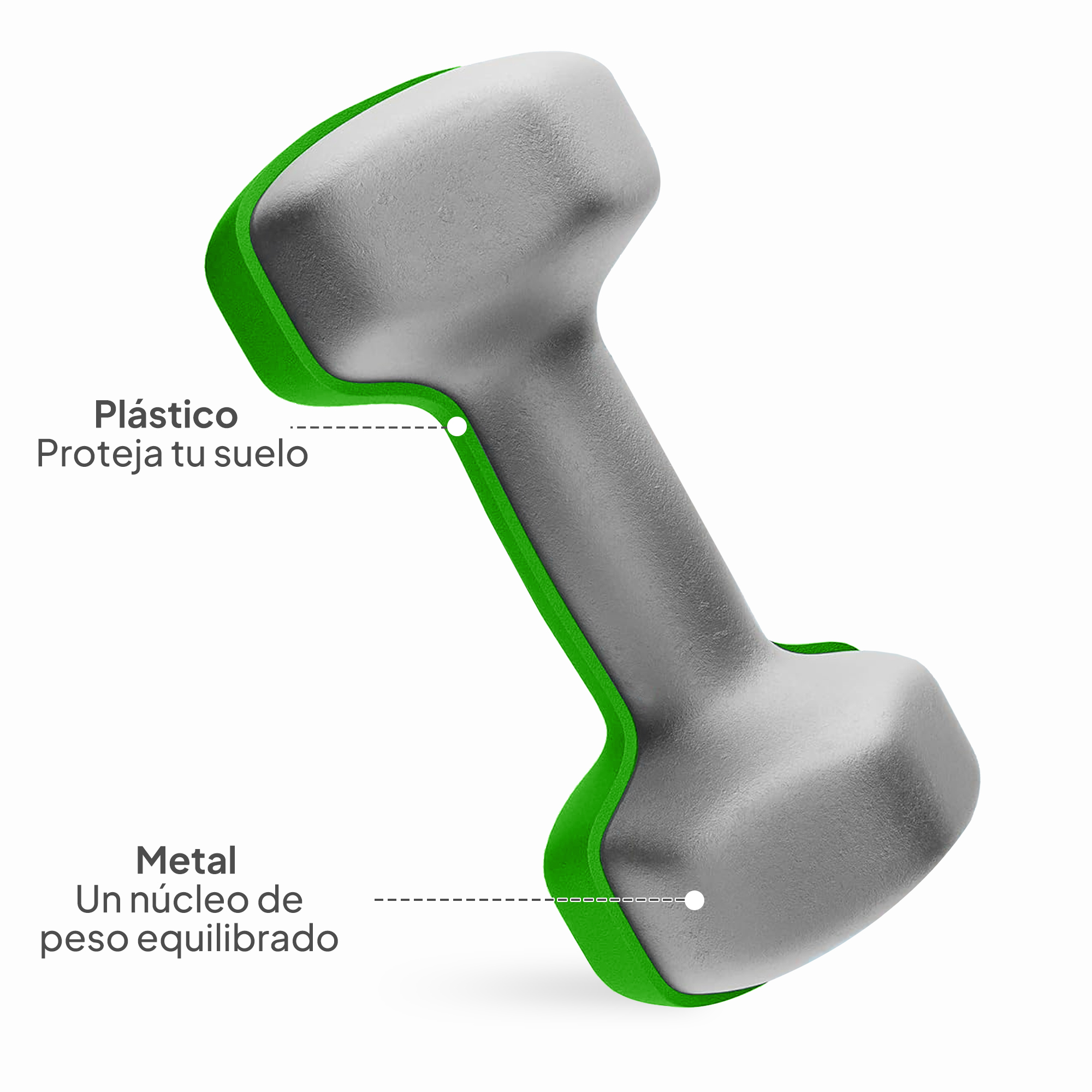 Una pesa gris con revestimiento de plástico verde, destacando su núcleo metálico y exterior protector.