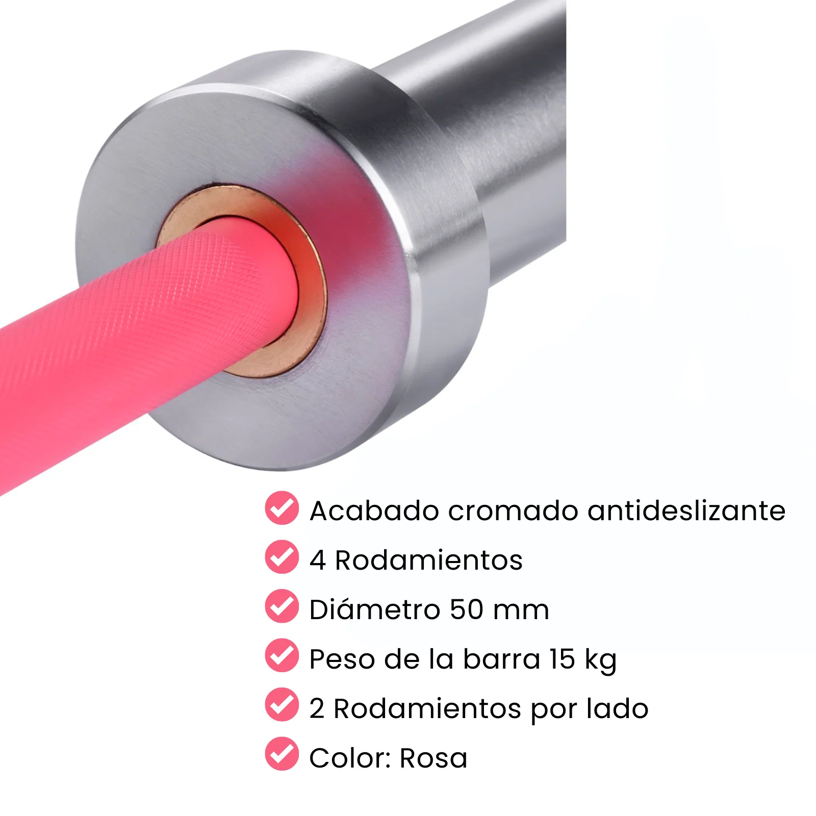 Una barra de pesas rosa con extremos plateados y anillos de cobre.