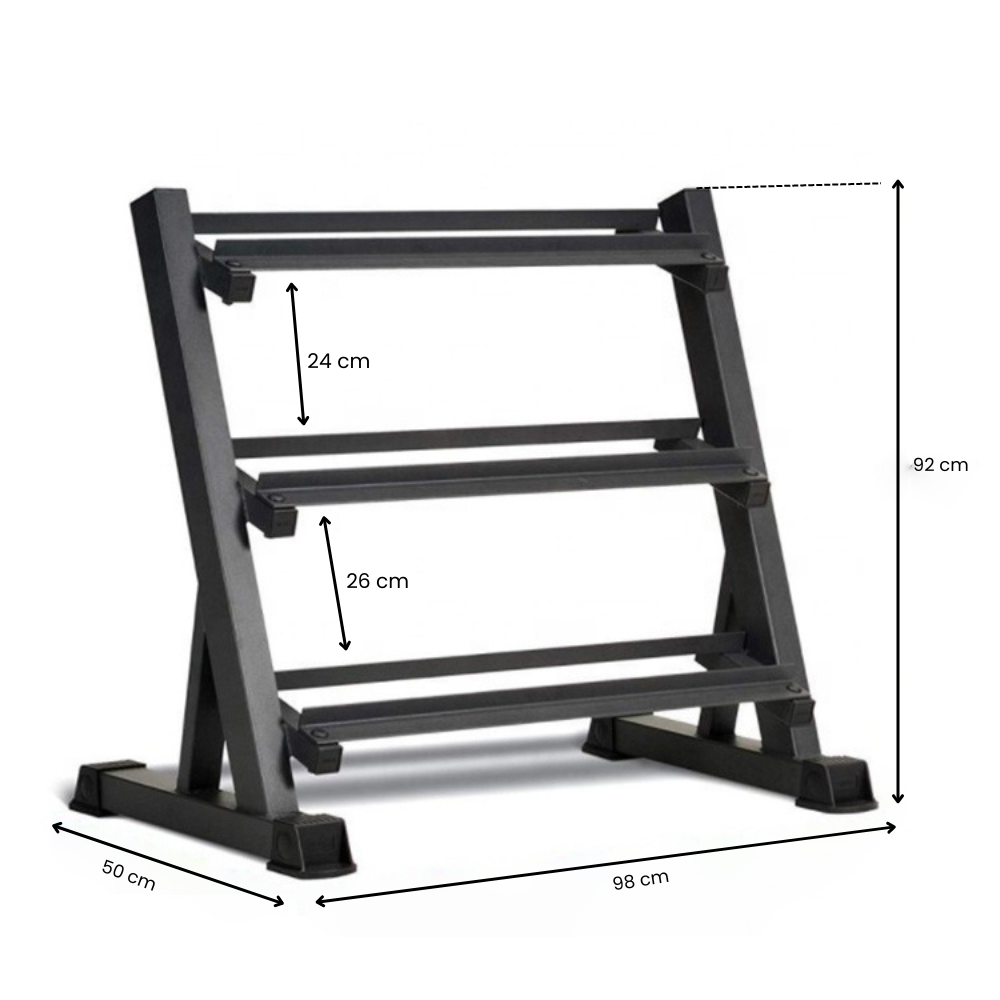 Un soporte negro para mancuernas de tres niveles. Dimensiones: 98x50x92cm.