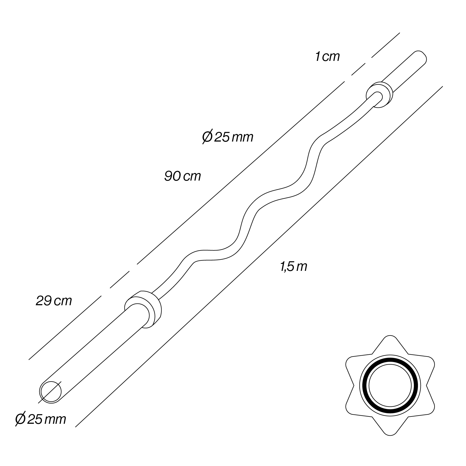 Diagrama de una barra de pesas ondulada, con dimensiones indicadas. 25mm de diámetro, 90cm centro, 29cm agarre.