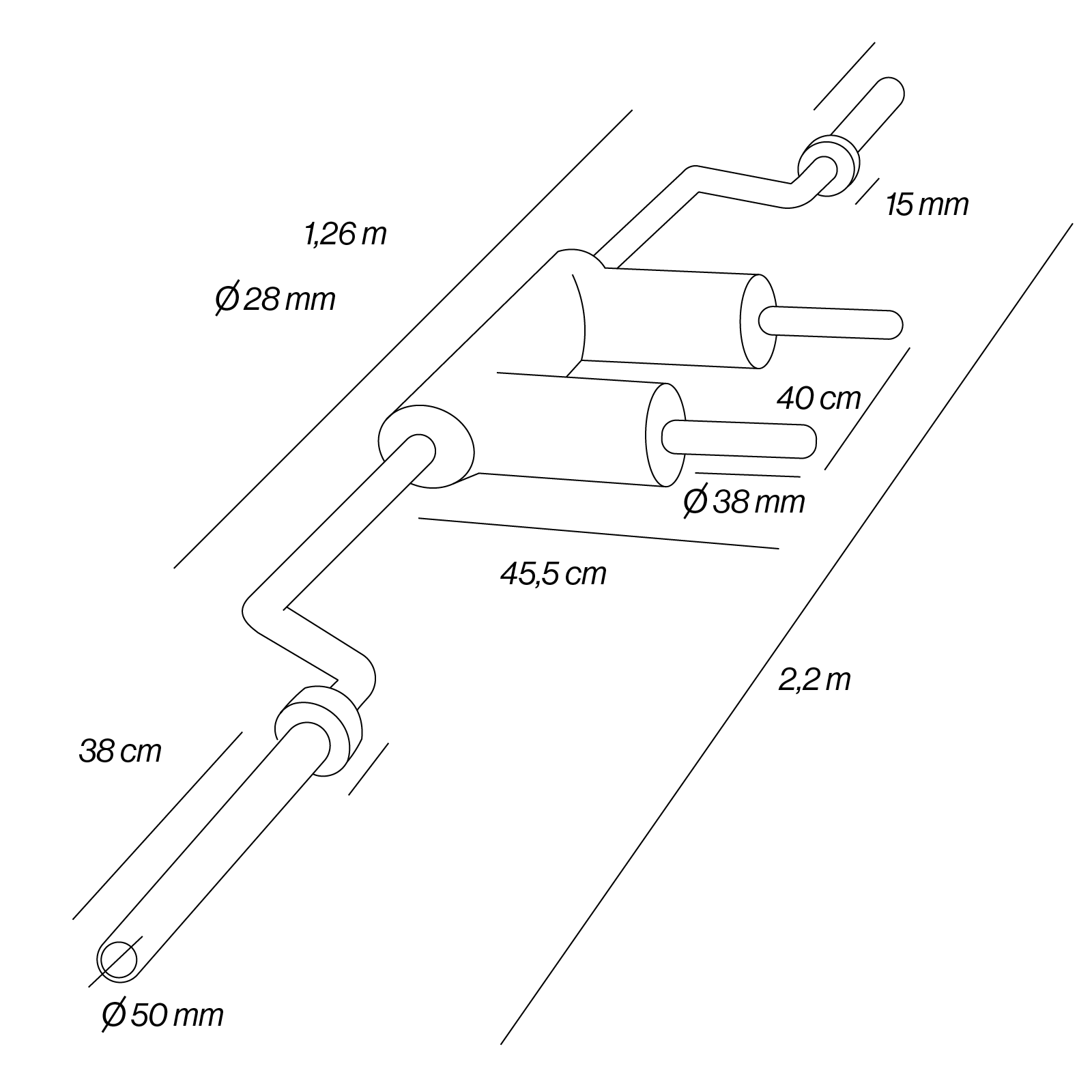 Diagrama de un sistema de escape doble con dimensiones: 1,26m de largo, tubo de 28mm.