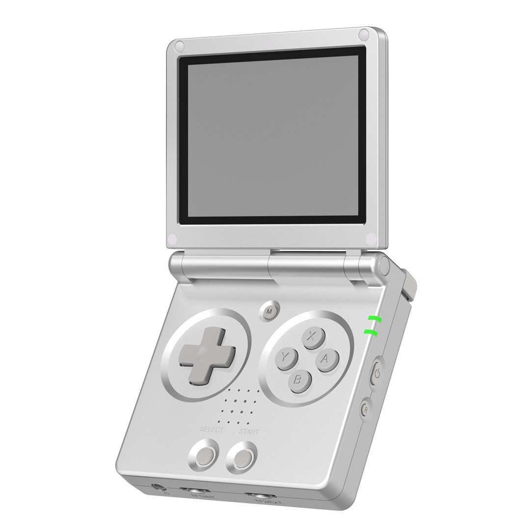 Game Boy Advance SP argentato con croce direzionale e pulsanti grigi. Lo schermo è aperto.