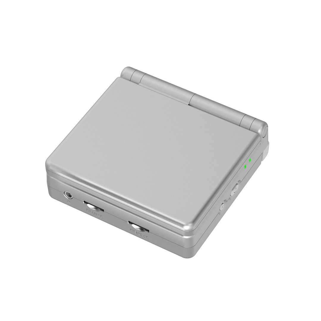 Un Nintendo Game Boy Advance SP argentato è chiuso, mostrando dettagli superiori e laterali.