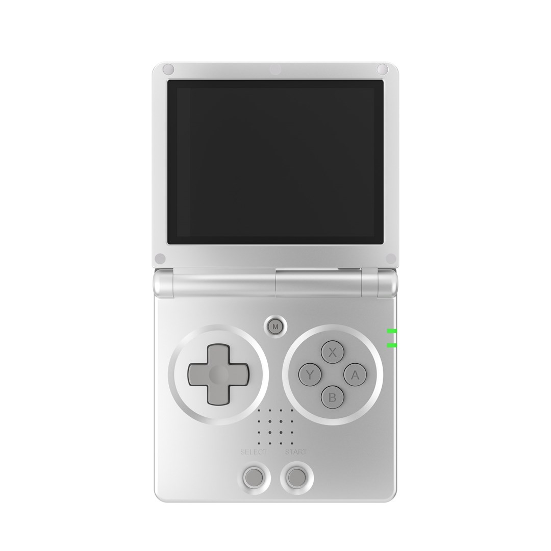 Console portatile argentata a conchiglia con schermo e controlli neri.