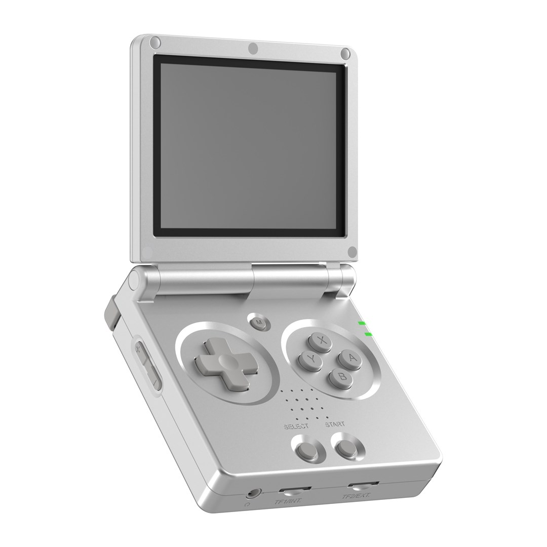 Un Game Boy Advance SP argentato con lo schermo aperto, che mostra i controlli.