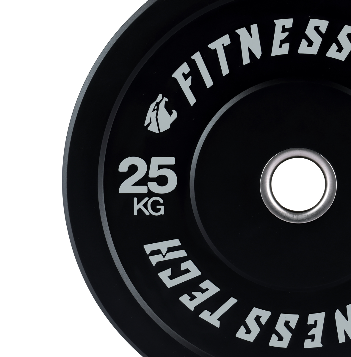 Disco de pesas negro de 25 kg con nombre de marca.