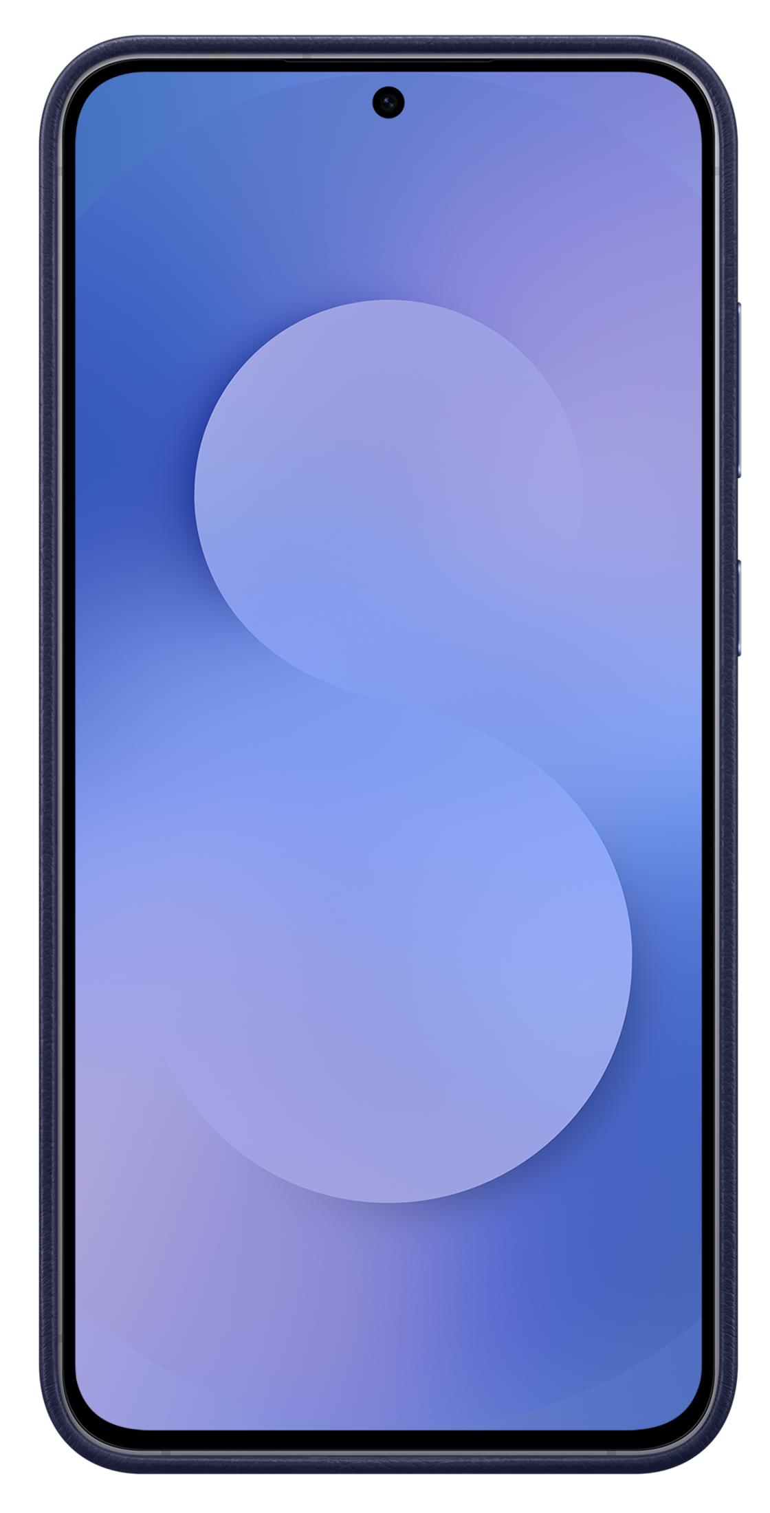 Dunkelblaues Smartphone mit blauem Farbverlauf-Hintergrund mit einer großen weißen S-Form.