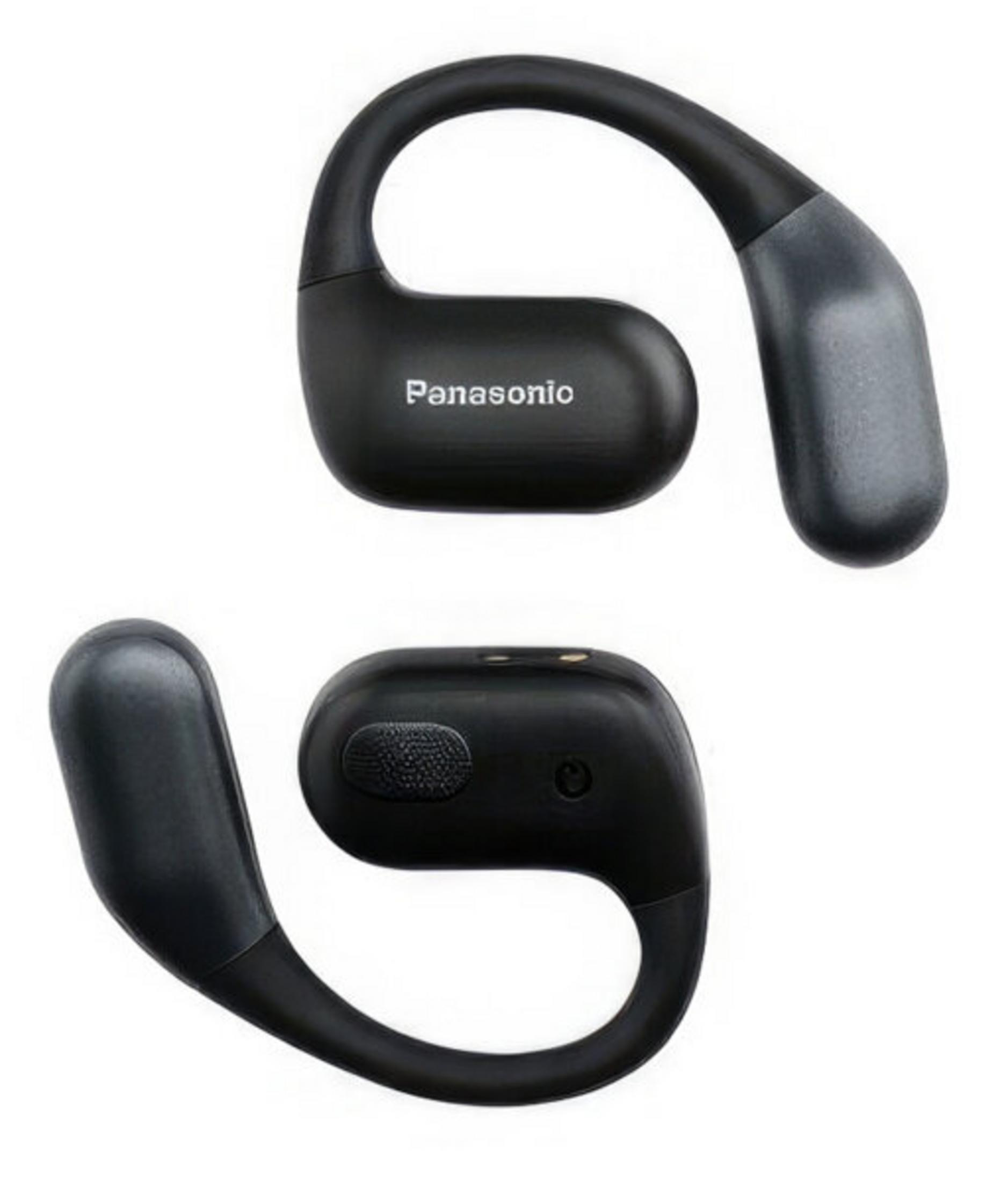 Due auricolari neri Panasonic con ganci e punte per l'orecchio su sfondo bianco.