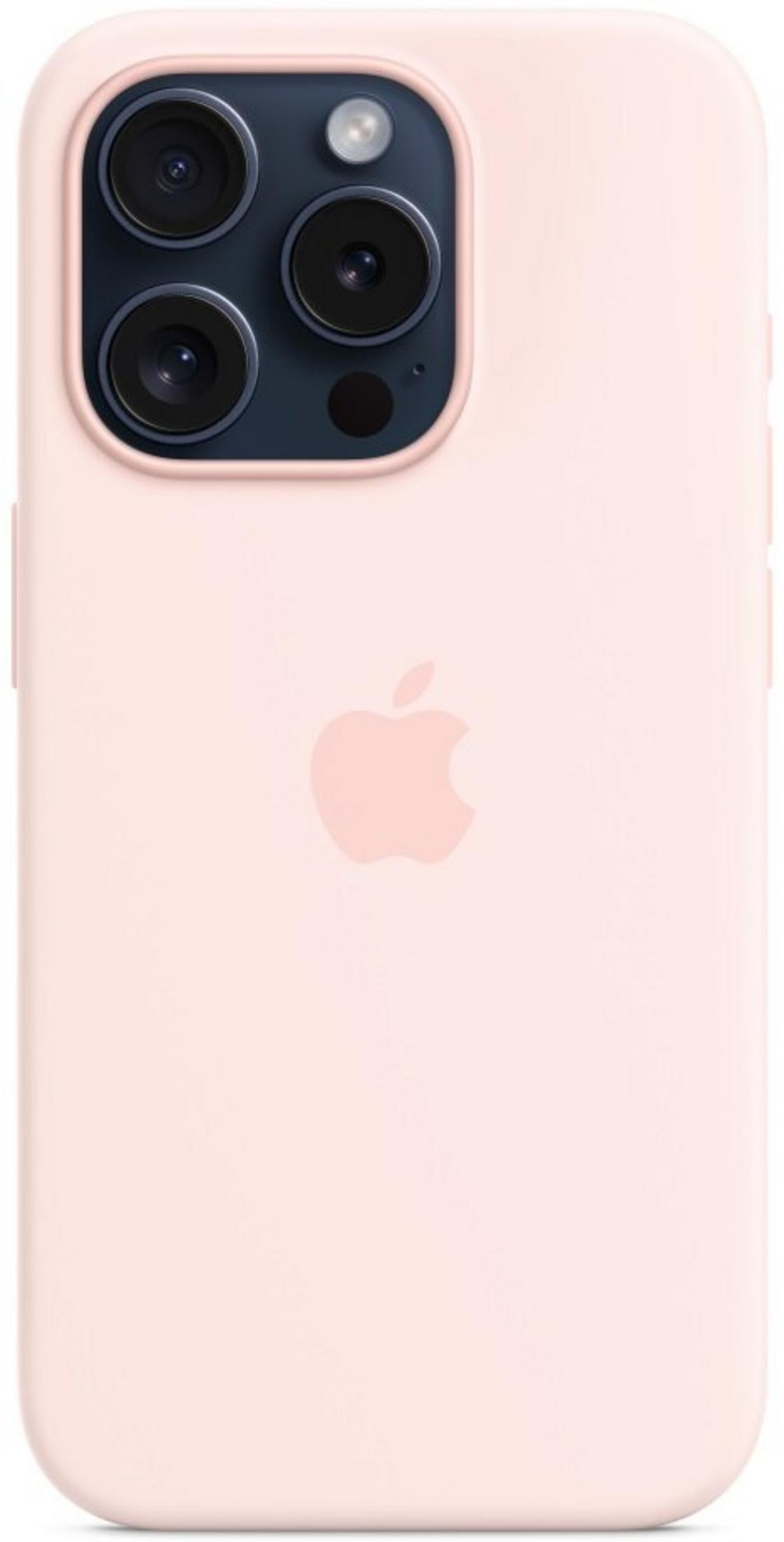 Une coque rose clair pour iPhone 14 Pro avec système triple caméra et logo Apple.