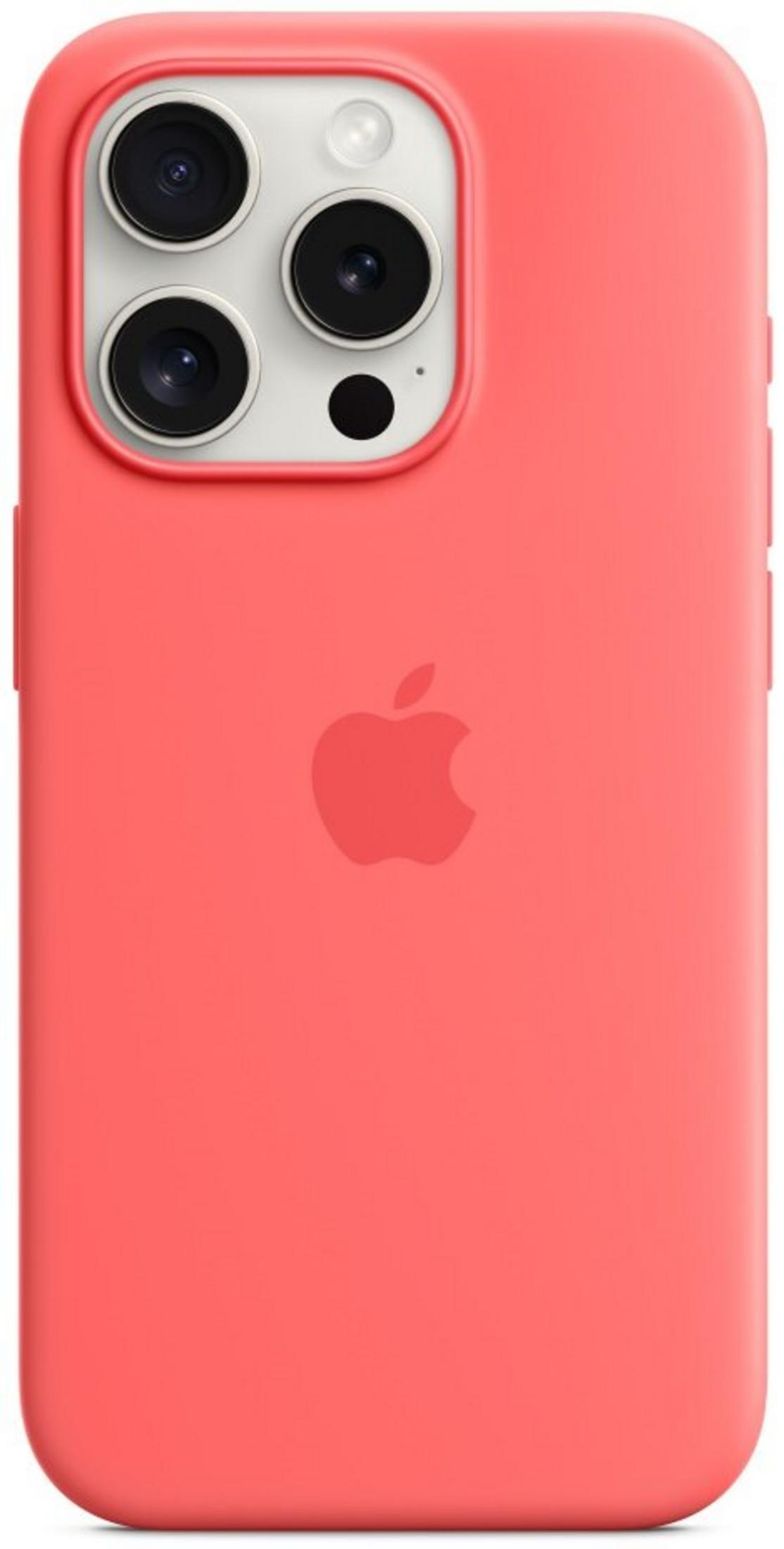 Una cover rosa corallo per iPhone con un rigonfiamento per la fotocamera e un discreto logo Apple.