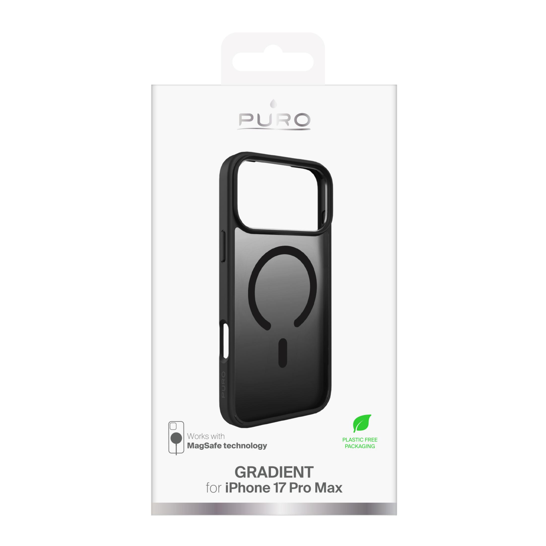 Custodia nera sfumata per iPhone 17 Pro Max con tecnologia MagSafe e confezione senza plastica.