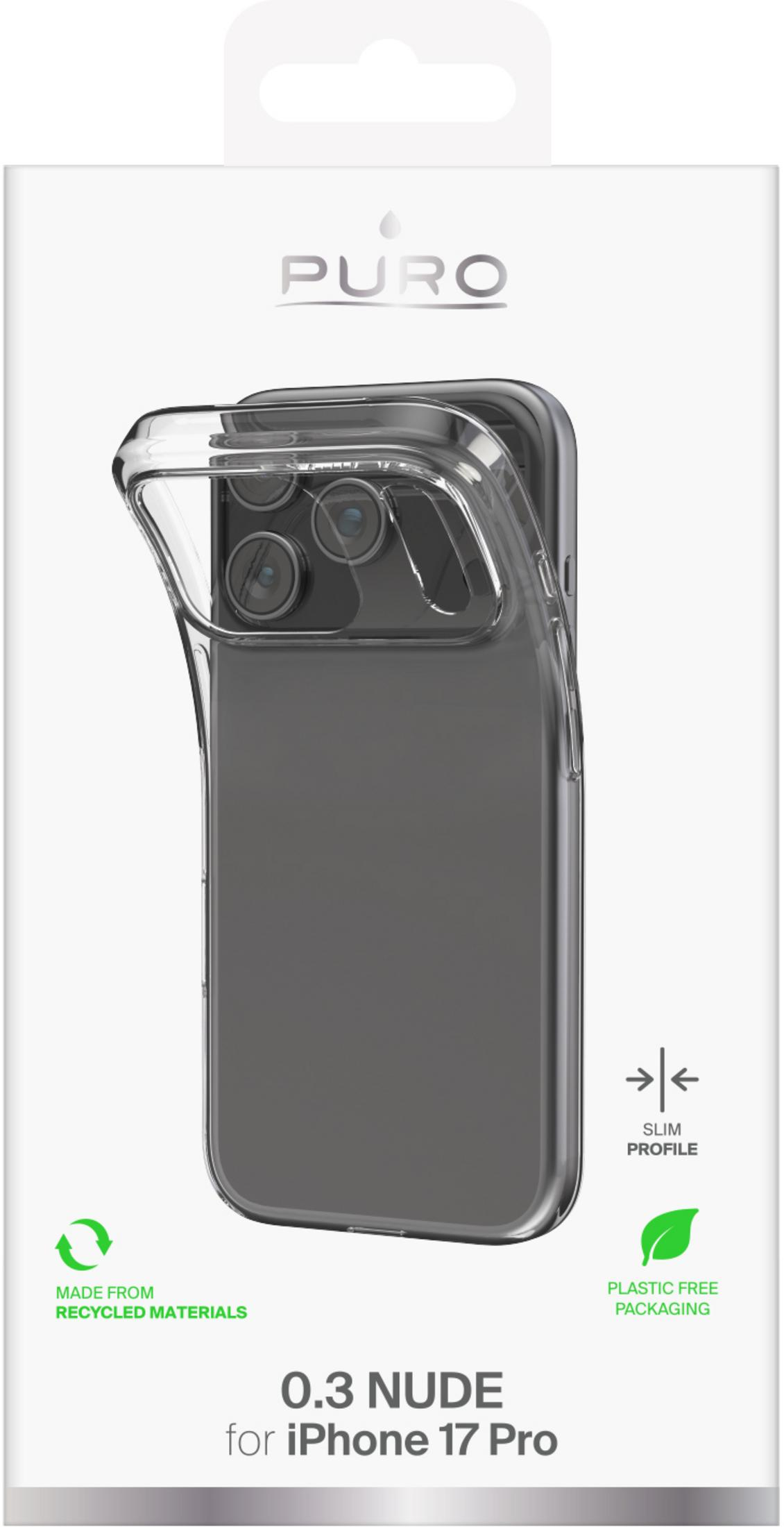 Przezroczyste etui Puro na iPhone 17 Pro, pokazuje materiały z recyklingu i smukły profil.