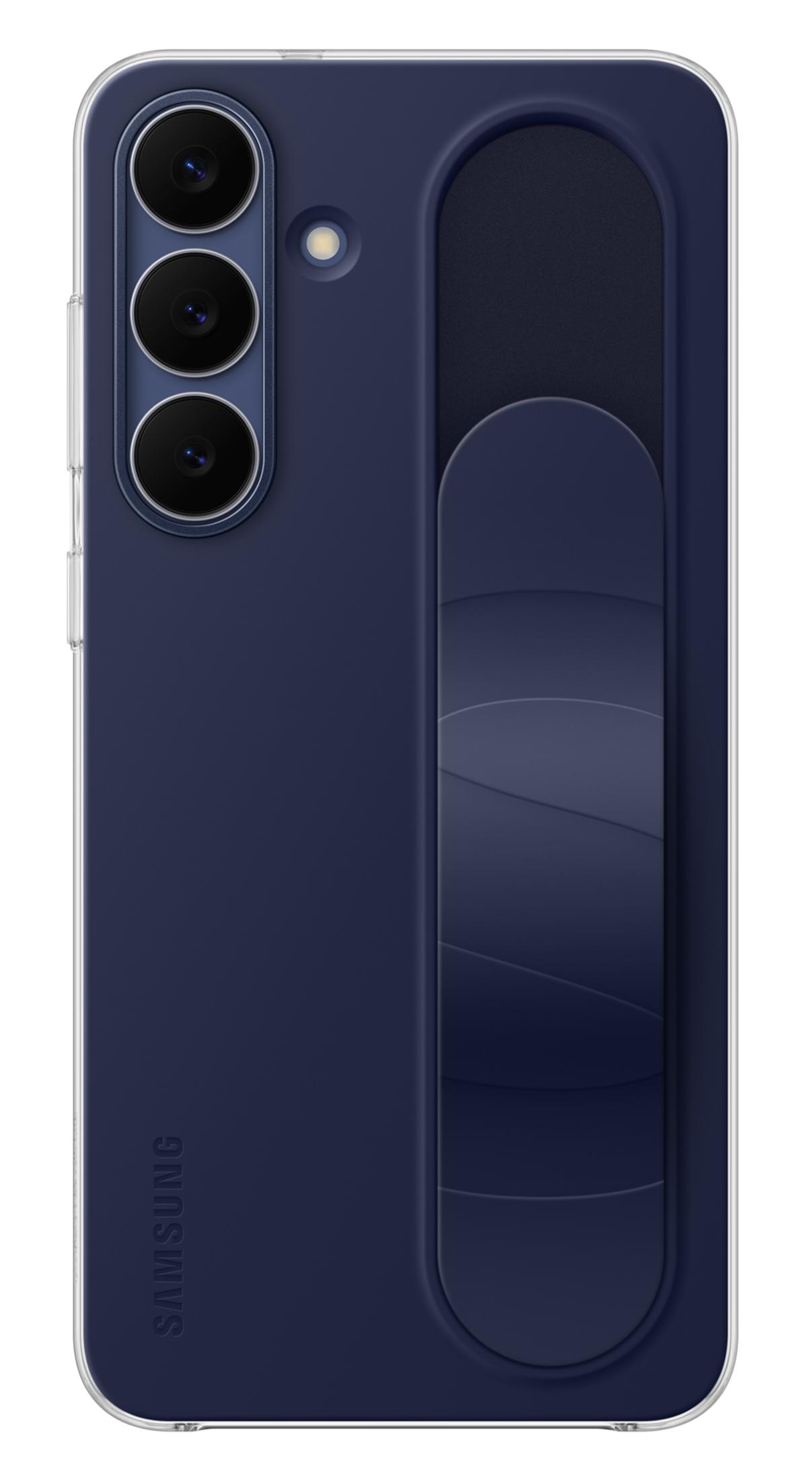 Dunkelblaues Handy mit drei Kameras und einem Griffband.