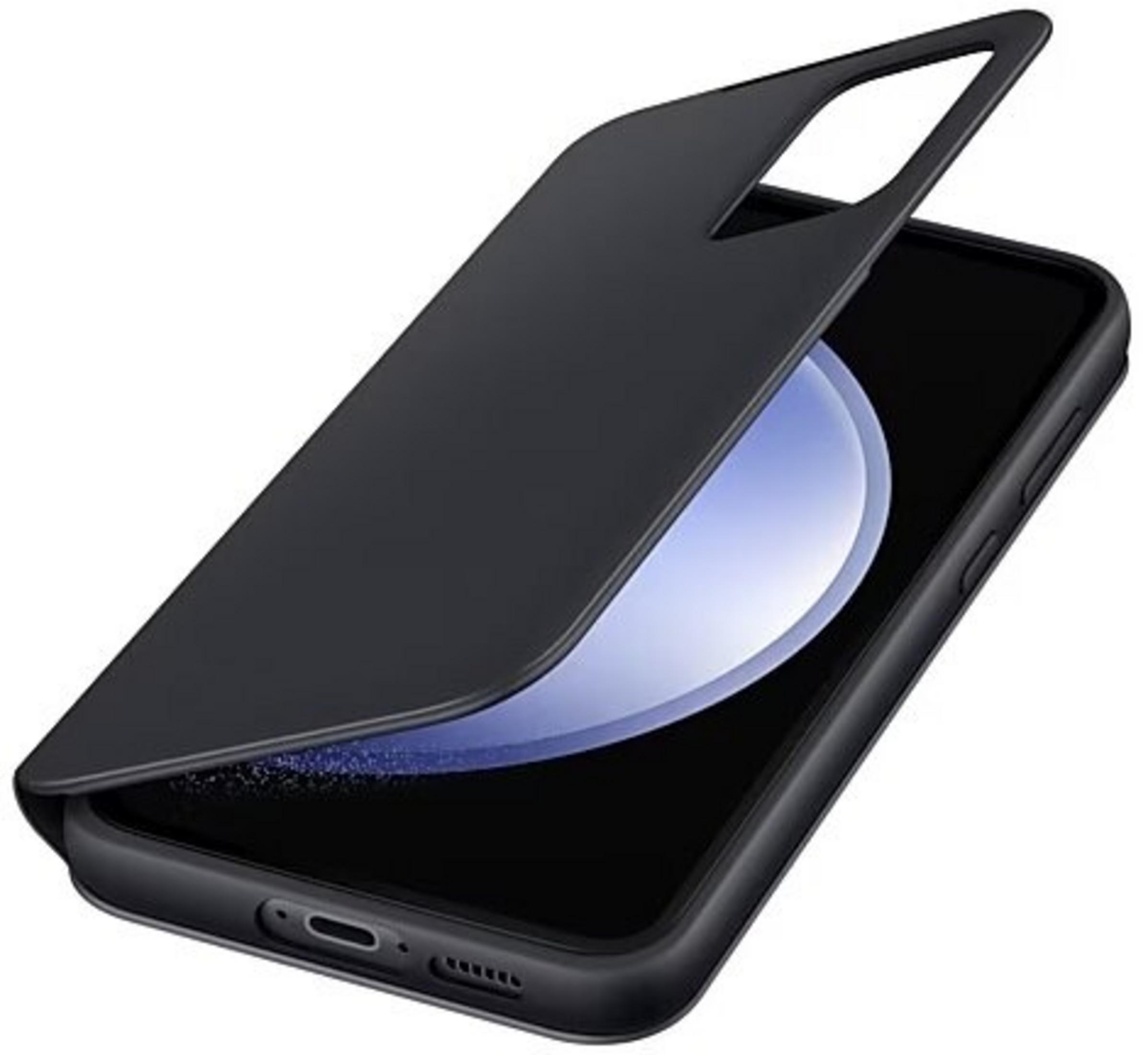 Un telefono nero con una custodia aperta che rivela un'apertura circolare.