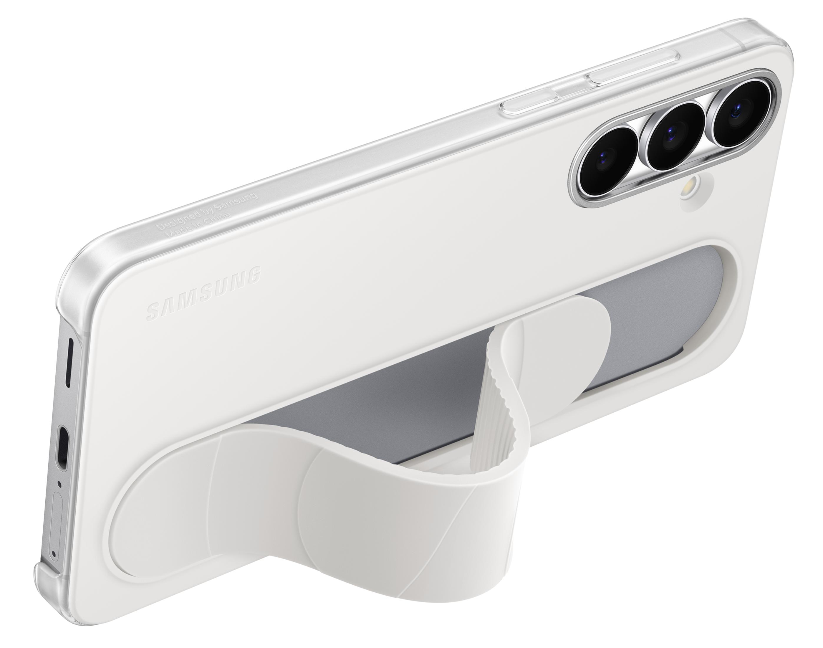 Weißes Samsung-Handy in klarer Hülle mit weißem Griffständer auf der Rückseite.