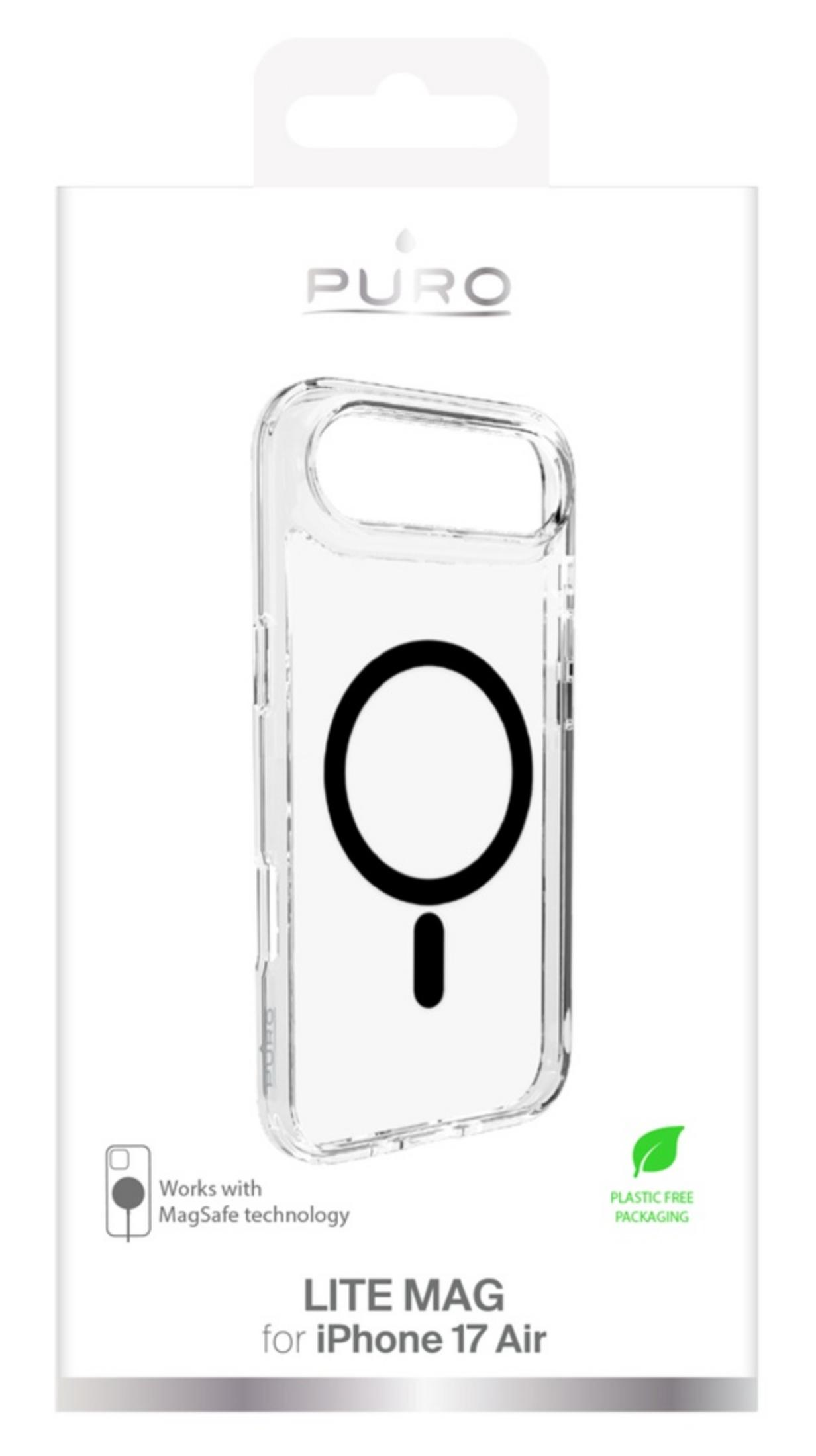 Custodia trasparente Puro per iPhone 17 Air, compatibile MagSafe, confezione senza plastica.