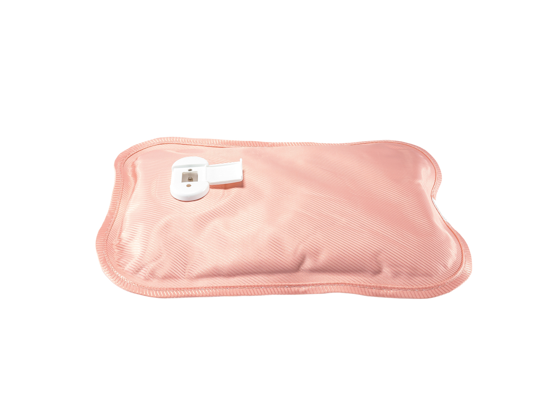 Różowa termofor z białym korkiem, na białym tle.