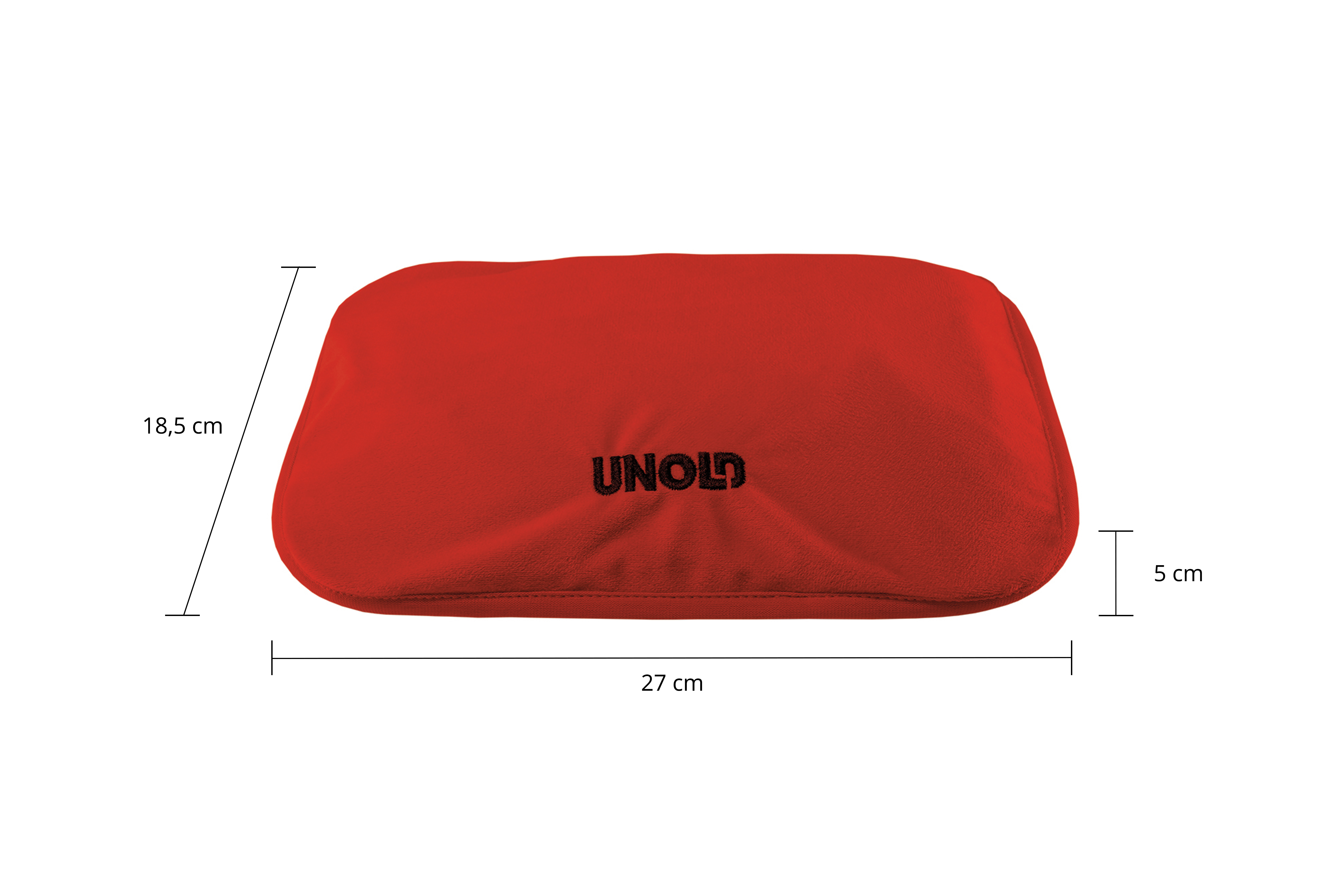 Rotes Heizkissen mit schwarzem UNOLD-Logo, 27x18,5x5 cm.