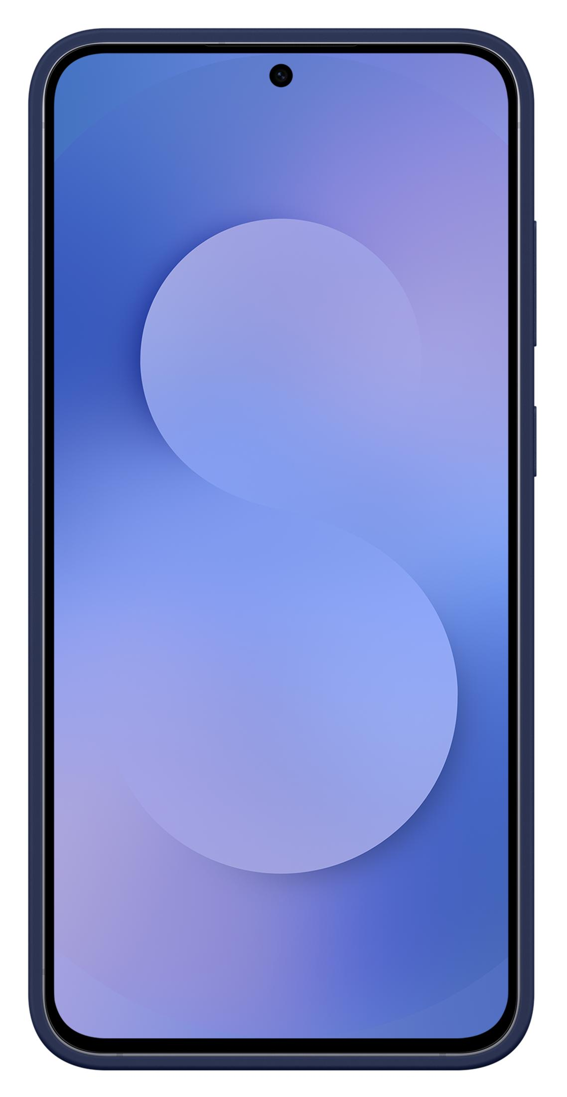 Uno smartphone blu scuro mostra uno sfondo sfumato blu e viola con un grande cerchio viola chiaro.