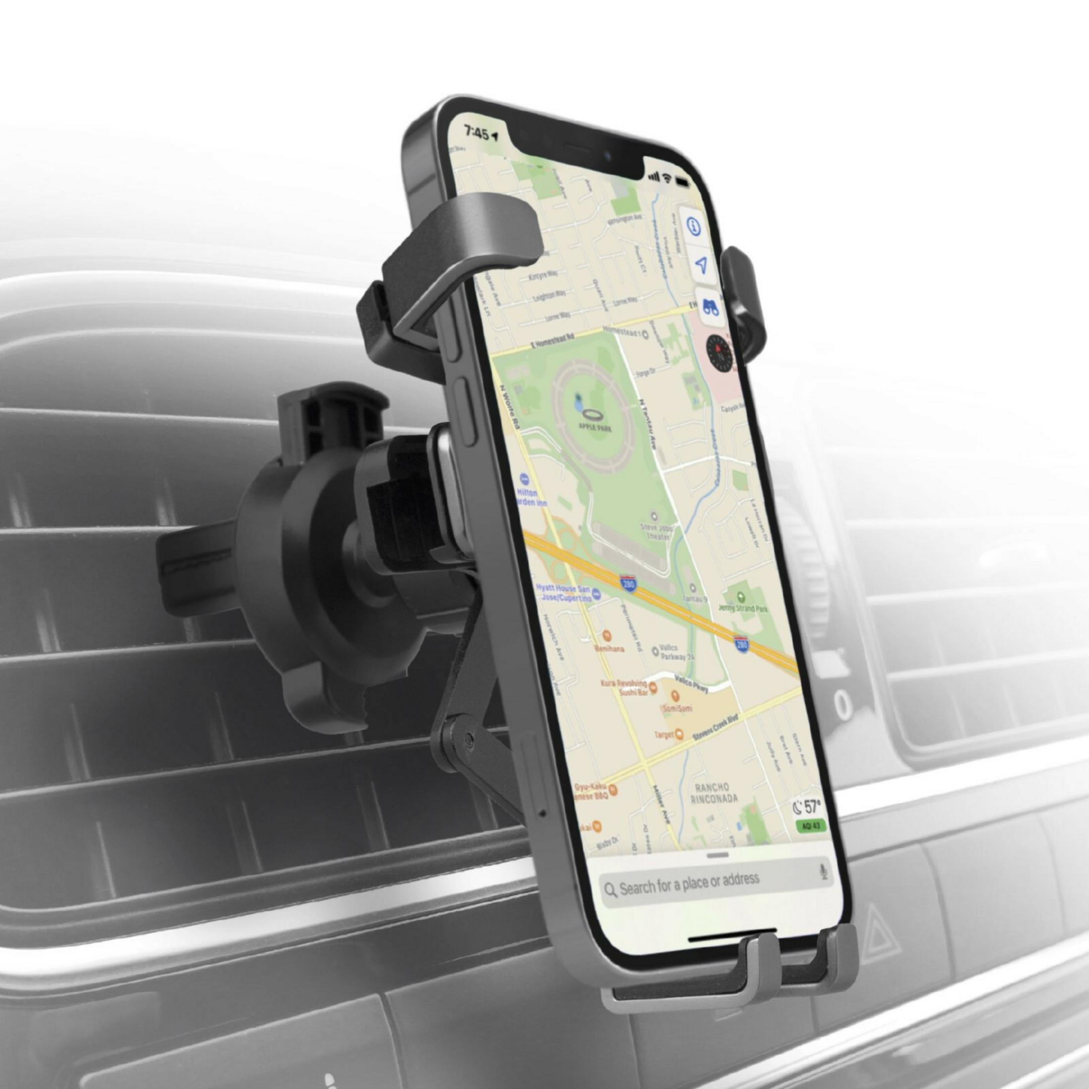 Uno smartphone in un supporto per auto nero visualizza una mappa di navigazione.