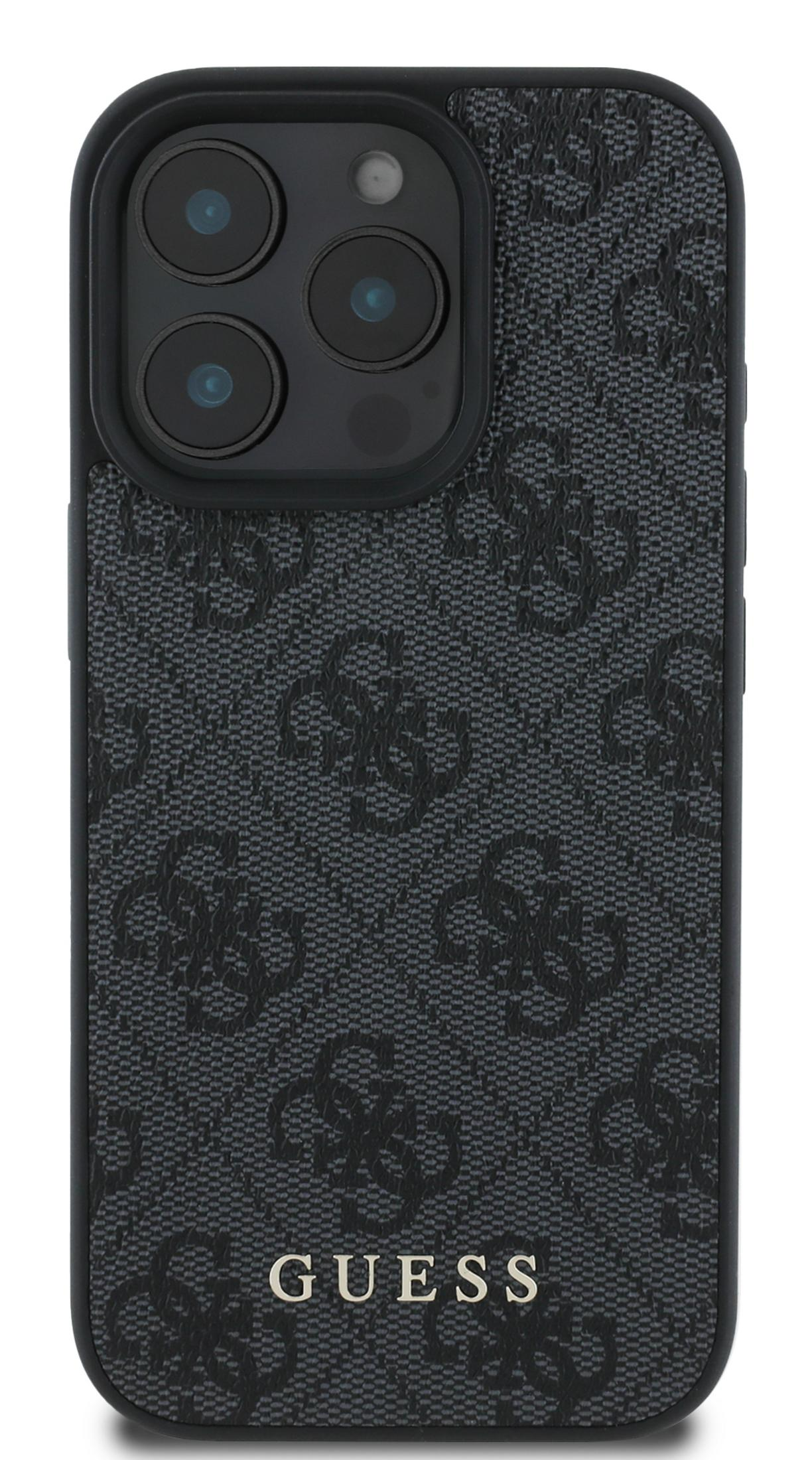 Custodia nera per telefono con motivo ripetuto del logo GUESS e ritaglio tripla fotocamera.