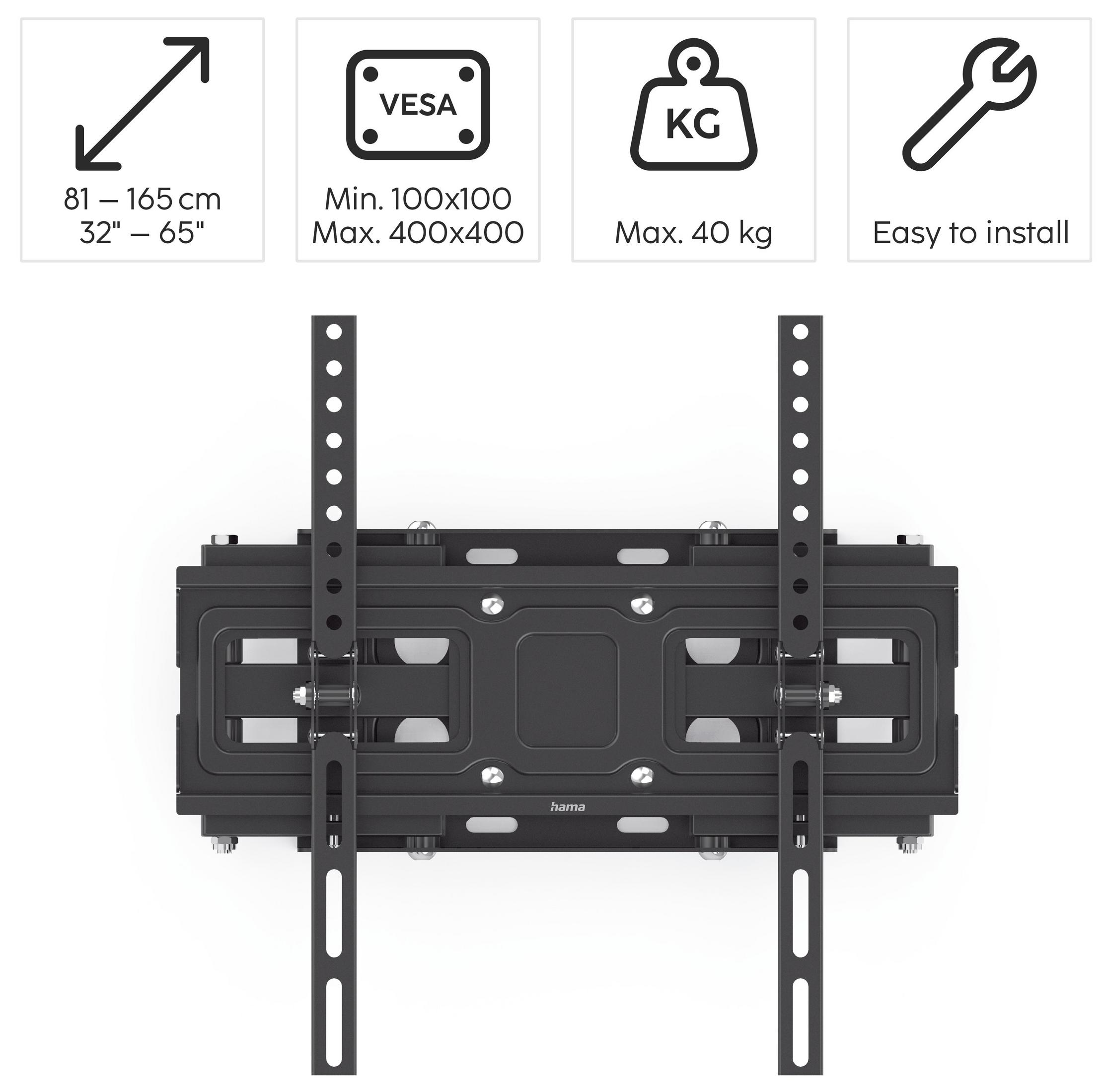 Schwarze TV-Wandhalterung mit VESA-Kompatibilität, 81-165 cm, max. 40 kg.