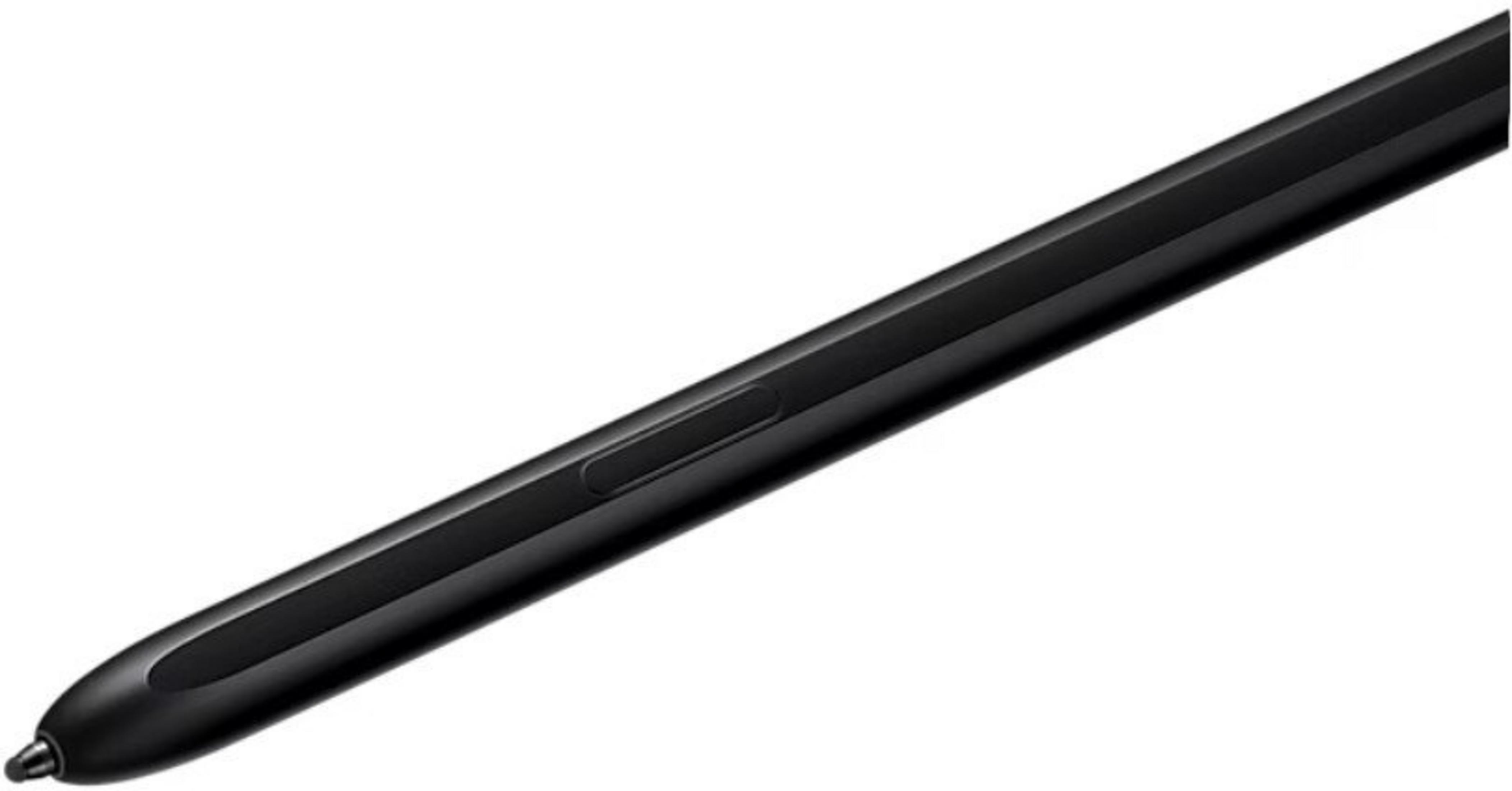 Ein schwarzer Eingabestift mit einer Taste liegt diagonal auf weißem Hintergrund.