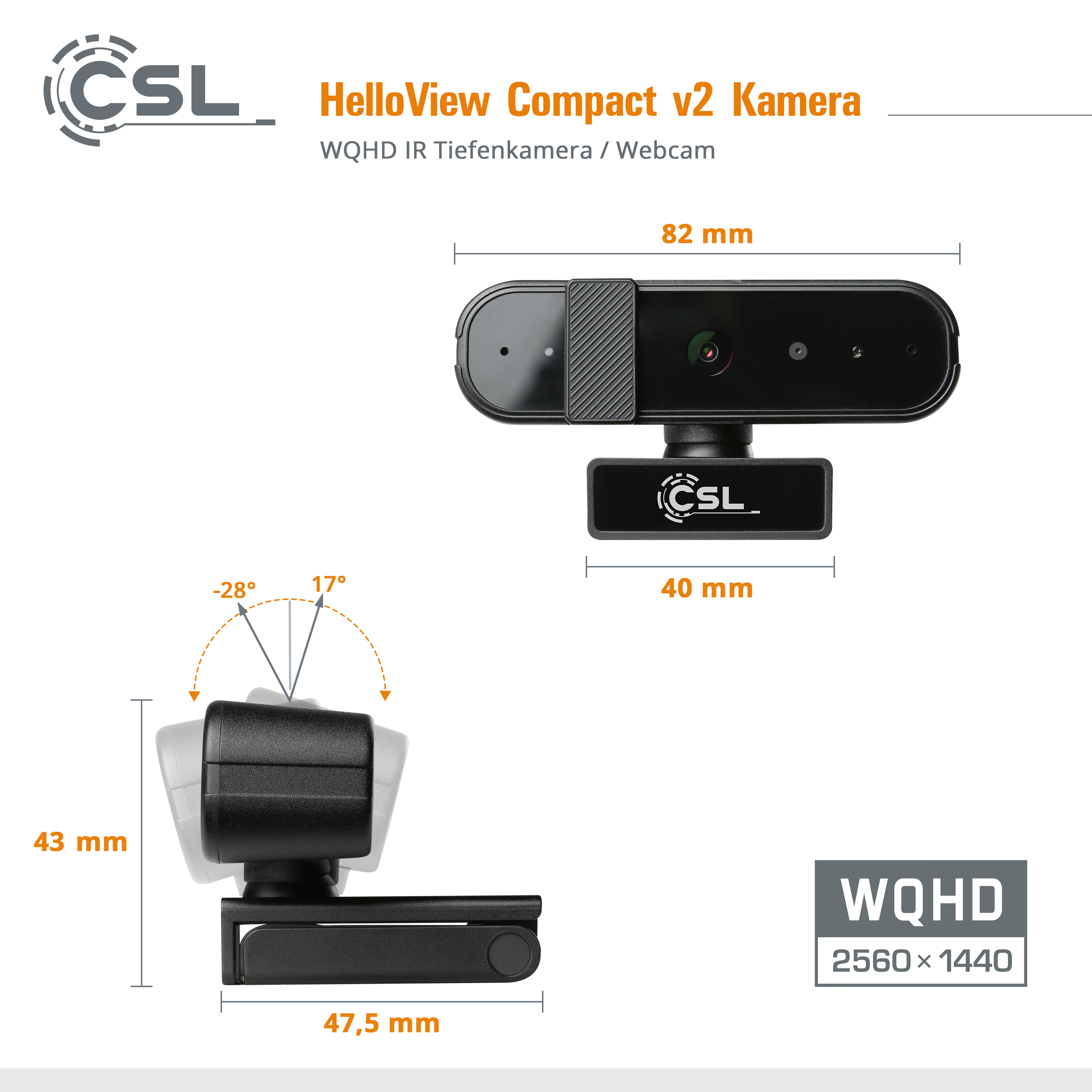 CSL HelloView Compact v2 Webcam mit Maßen und Auflösung.
