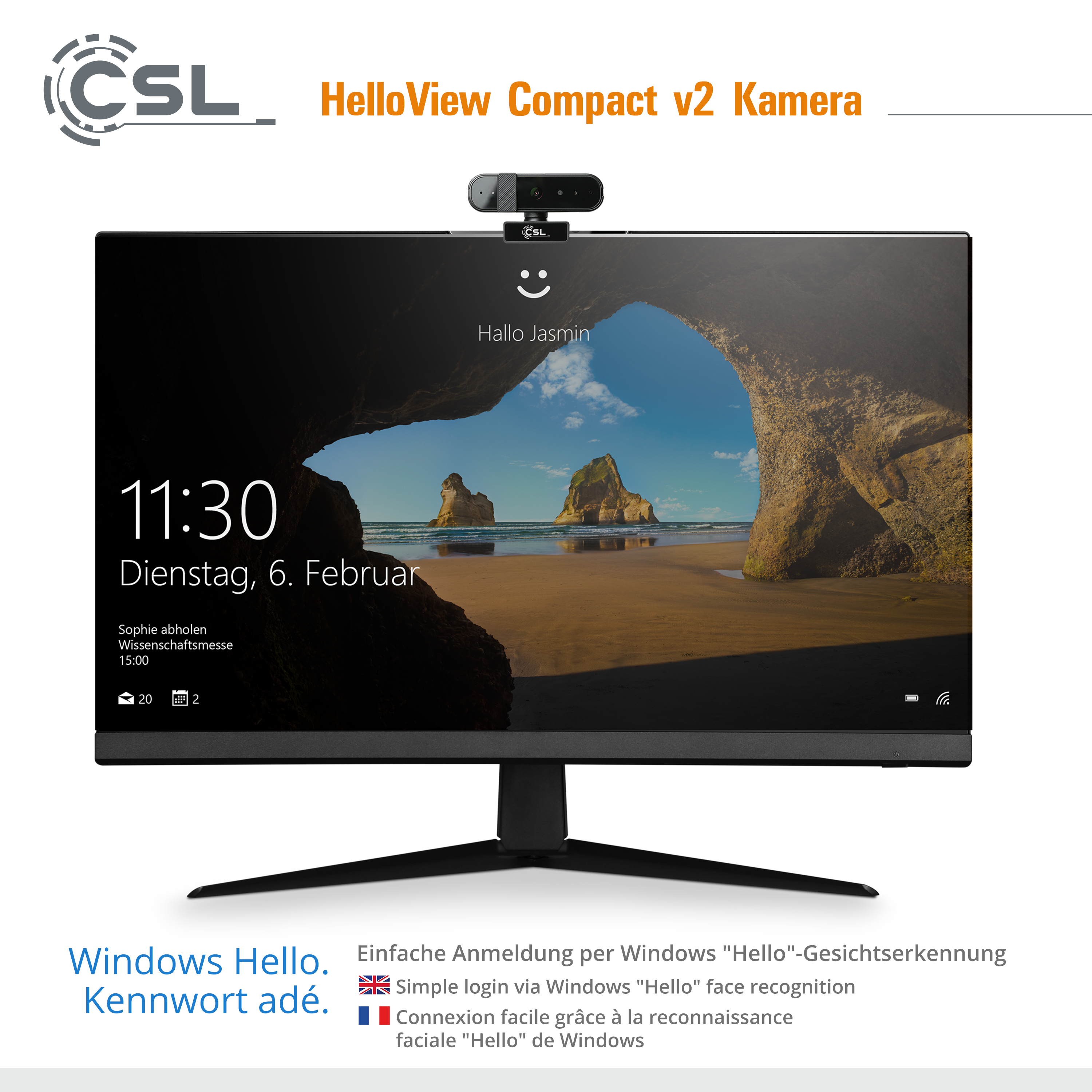 CSL HelloView Kamera auf einem Monitor mit Windows-Anmeldebildschirm.